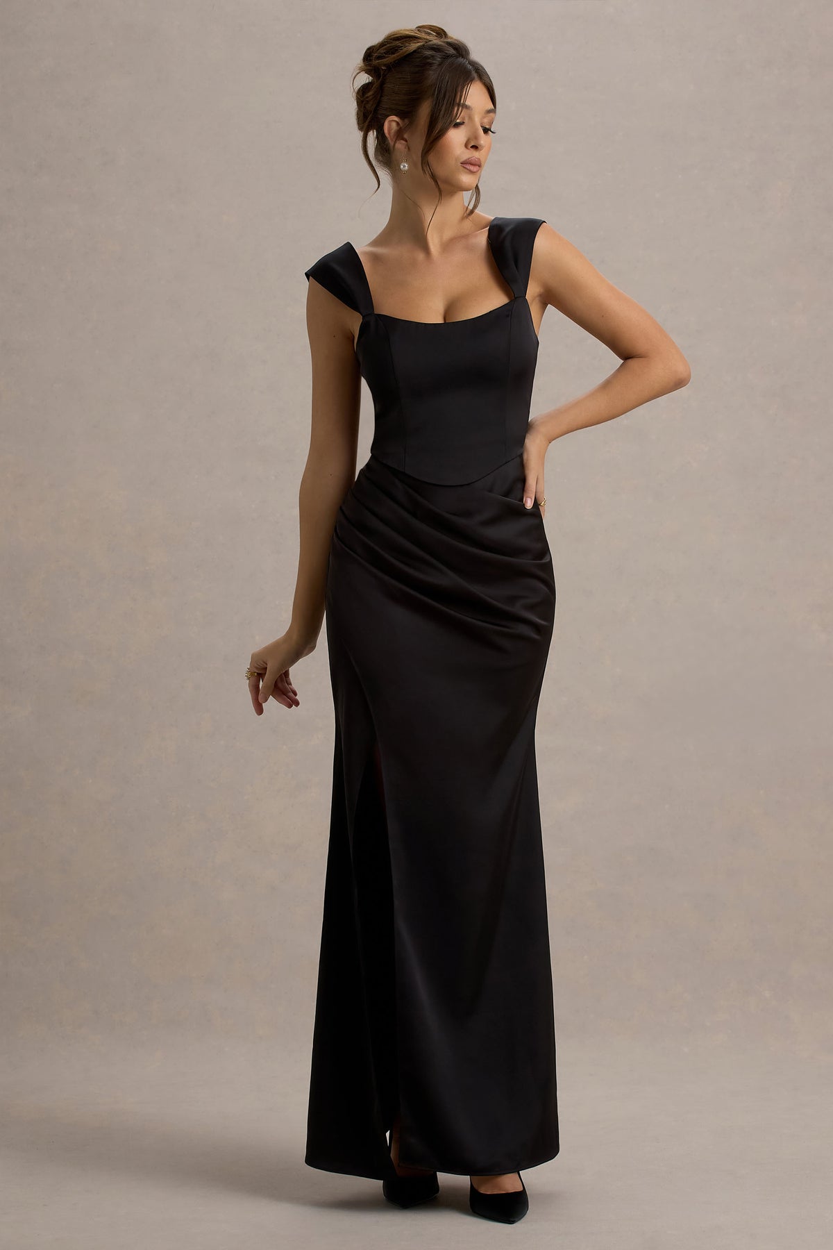 Black Satin Corset Wrap Maxi Dress - View 5 | Shop Formal Dress