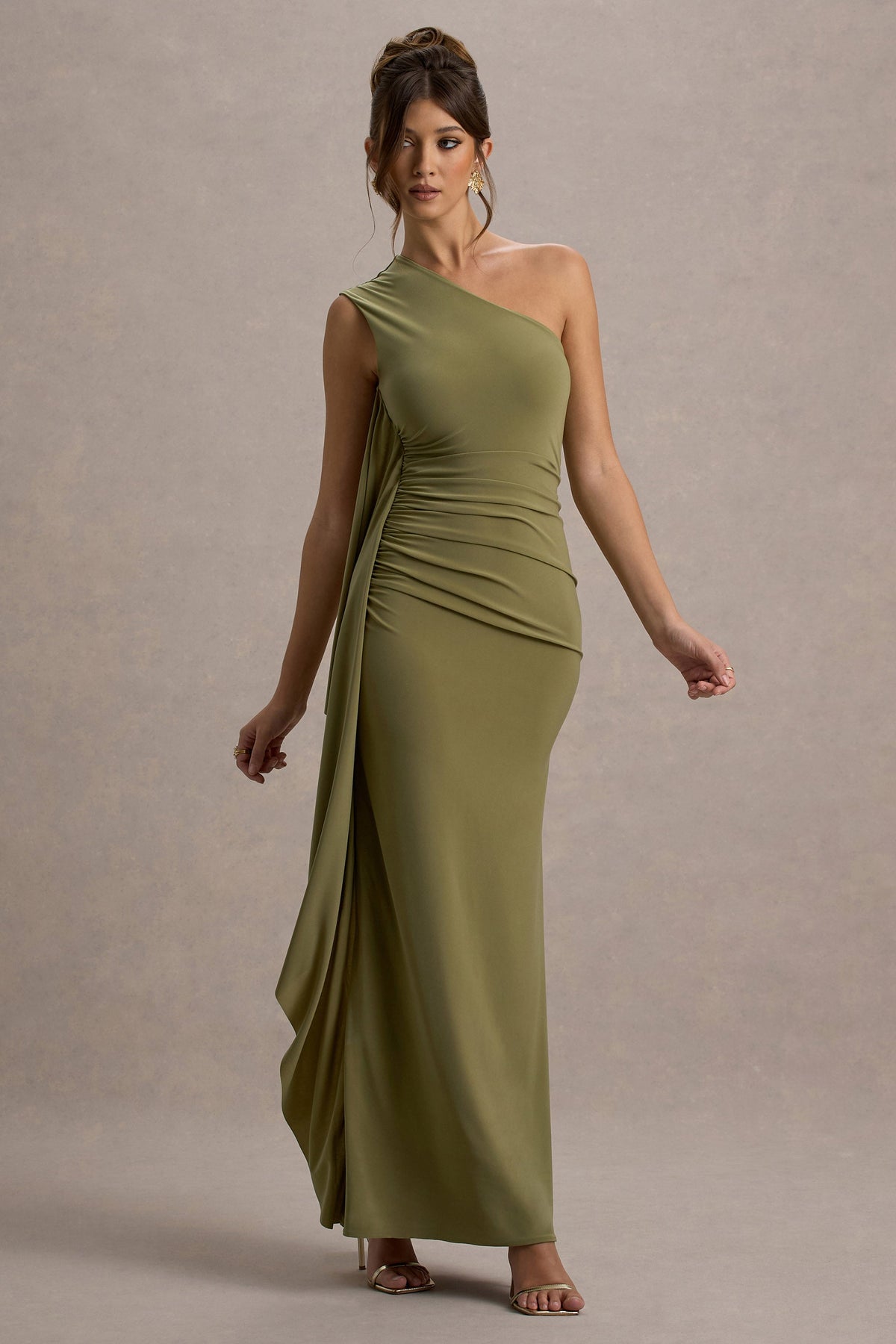 Olive One-Shoulder Maxi Dress With Drape - View 5 | Shop Formal Dress