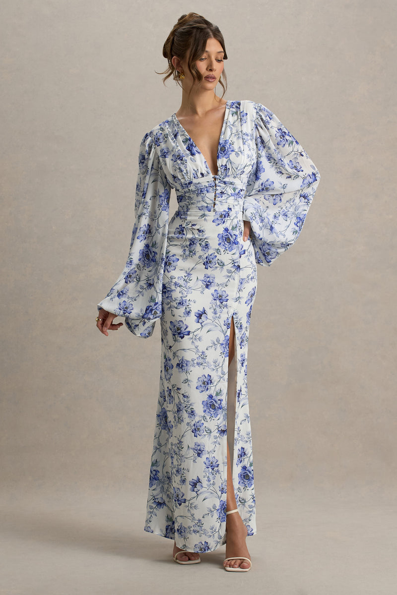 Casarile Blue Floral Print V-Neck Balloon Sleeve Maxi Dress โ Club