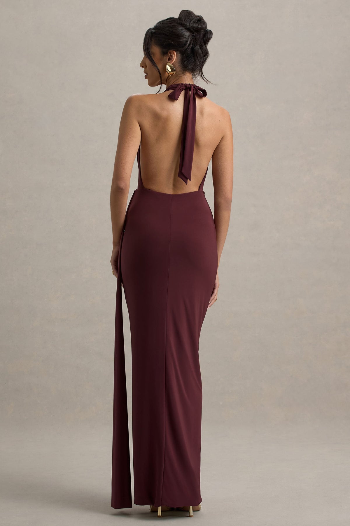 Burgundy Halter-Neck Draped Maxi Dress With Sash - View 3 | Shop Formal Dress