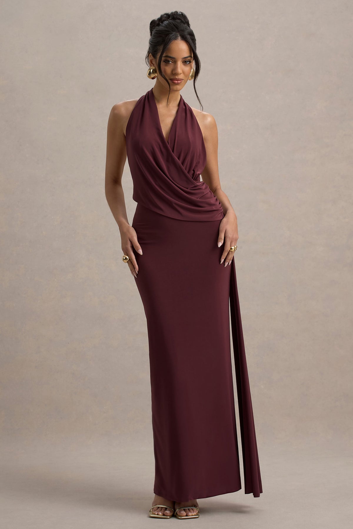 Burgundy Halter-Neck Draped Maxi Dress With Sash - View 2 | Shop Formal Dress