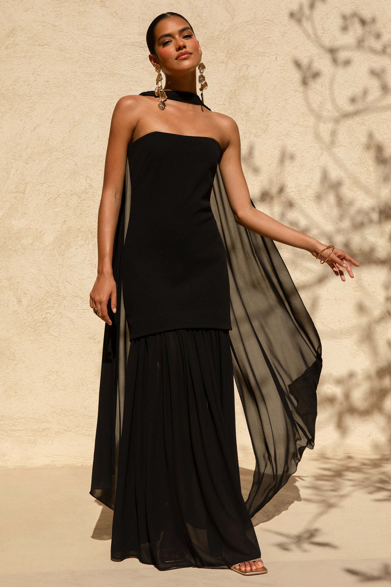 Black Maxi Dress with Cape and Chiffon Skier main image 1