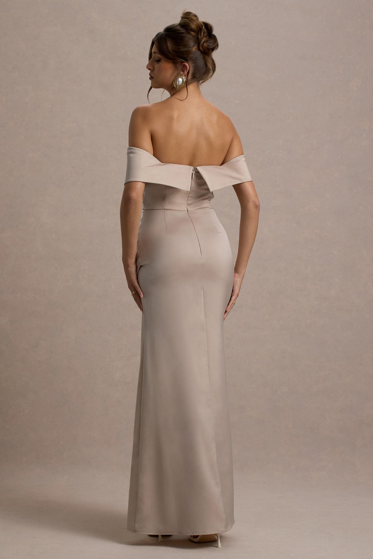 Champagne Satin Bardot Wrap Maxi Dress - View 3 | Shop Formal Dress