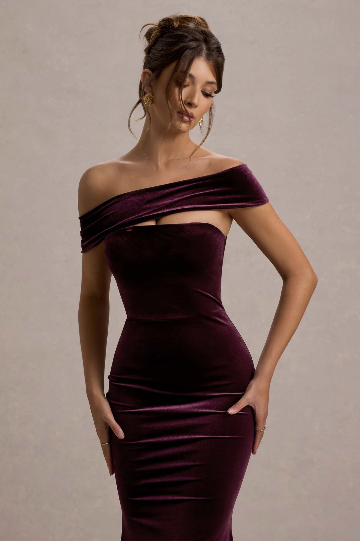 Port Velvet Asymmetric Bardot Maxi Dress - View 4 | Shop Formal Dress