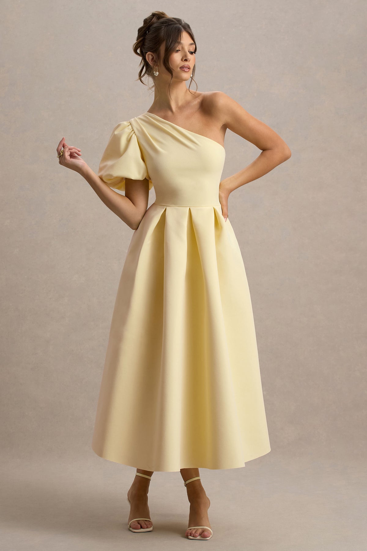 Collective Dress - Pale Lemon Asymmetric Puff-Sleeve Midi Dress image 5