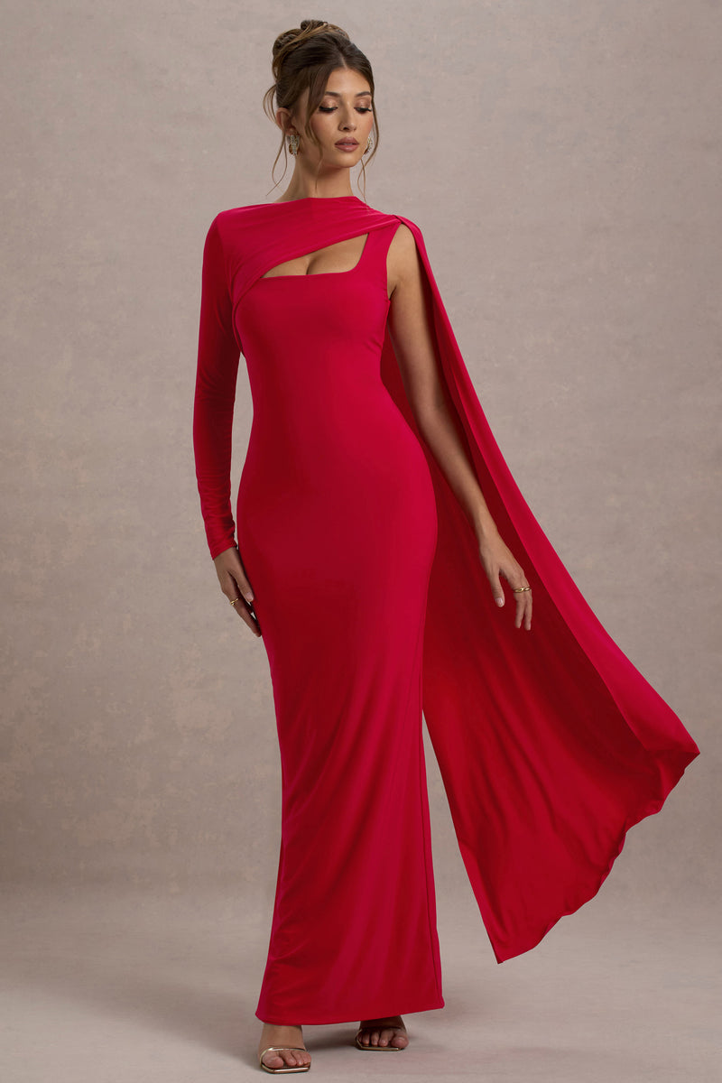 Ashini Red OneSleeve Maxi Dress With Cape Club L London AUS