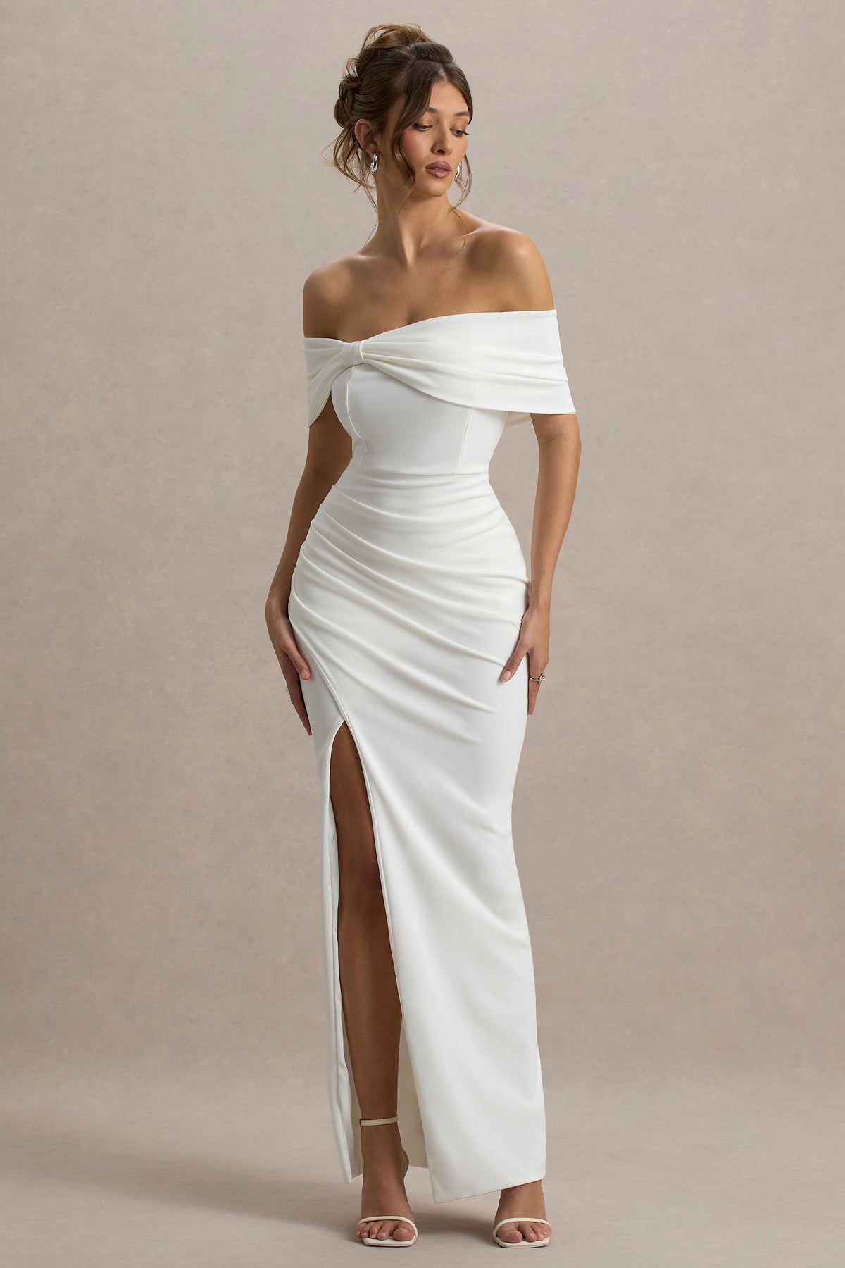 Collective Dress - White Bardot Bow Detail Maxi Dress With Thigh Split image 4