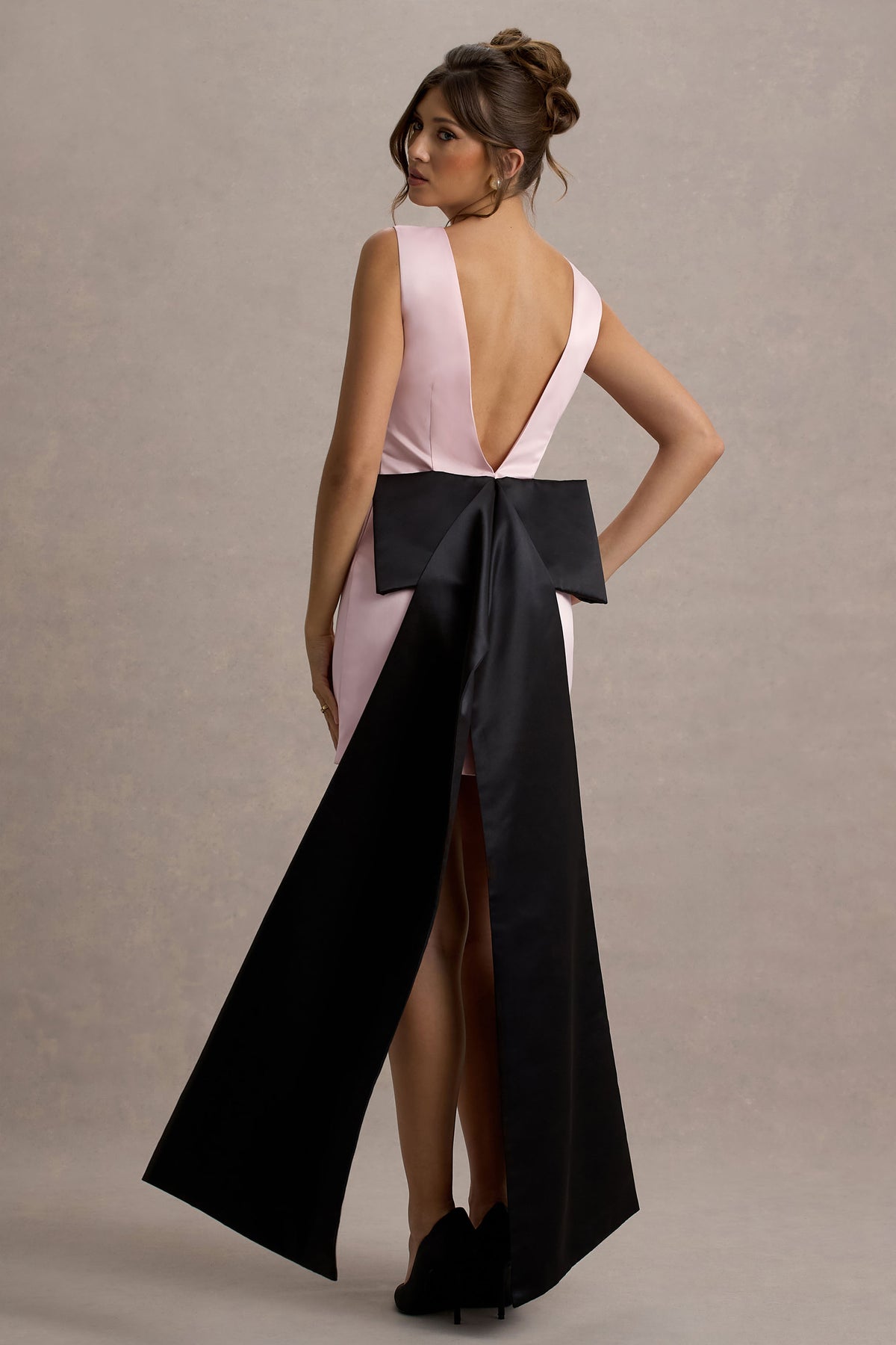 Pink & Black Satin Mini Dress With Drape Detail - View 2 | Shop Formal Dress