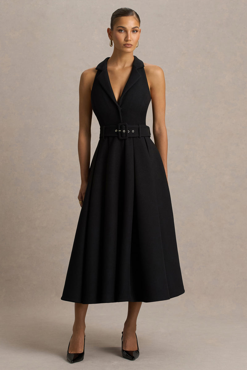 Alessa Black Plunge-Neck Tailored Midi Dress – Club L London