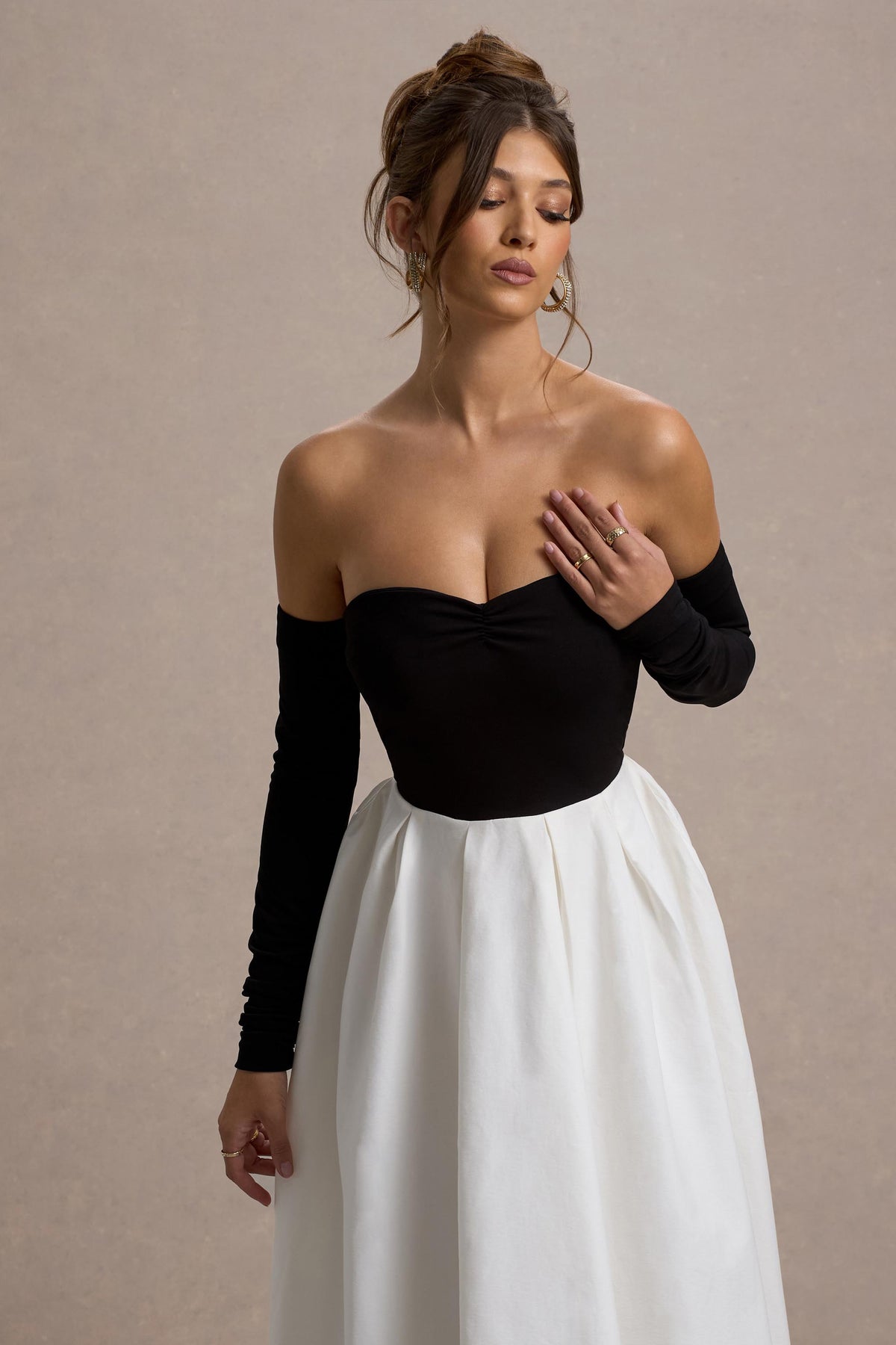 Black & Cream Bardot Pleated Maxi Dress - View 4 | Shop Formal Dress