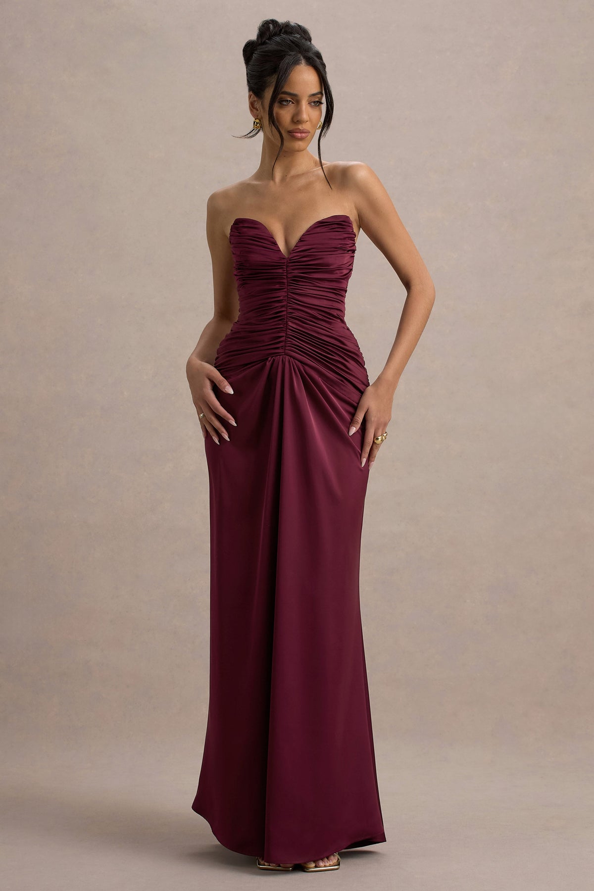 Collective Dress - Burgundy Satin Sweetheart Gathered Maxi Dress image 5