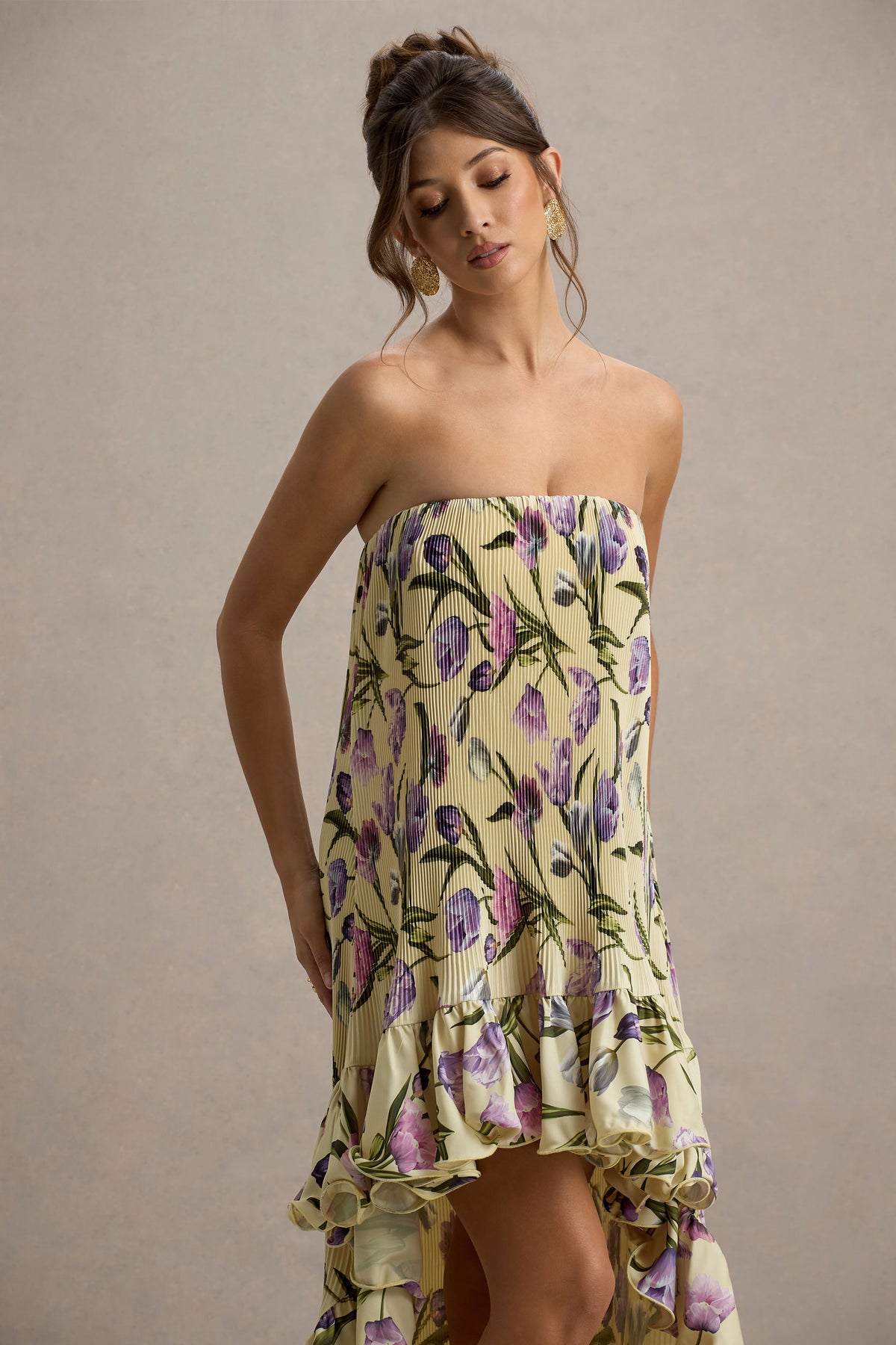 Tulip Floral Print Chiffon Bandeau High-Low Ruffled Maxi Dress - View 4 | Shop Formal Dress