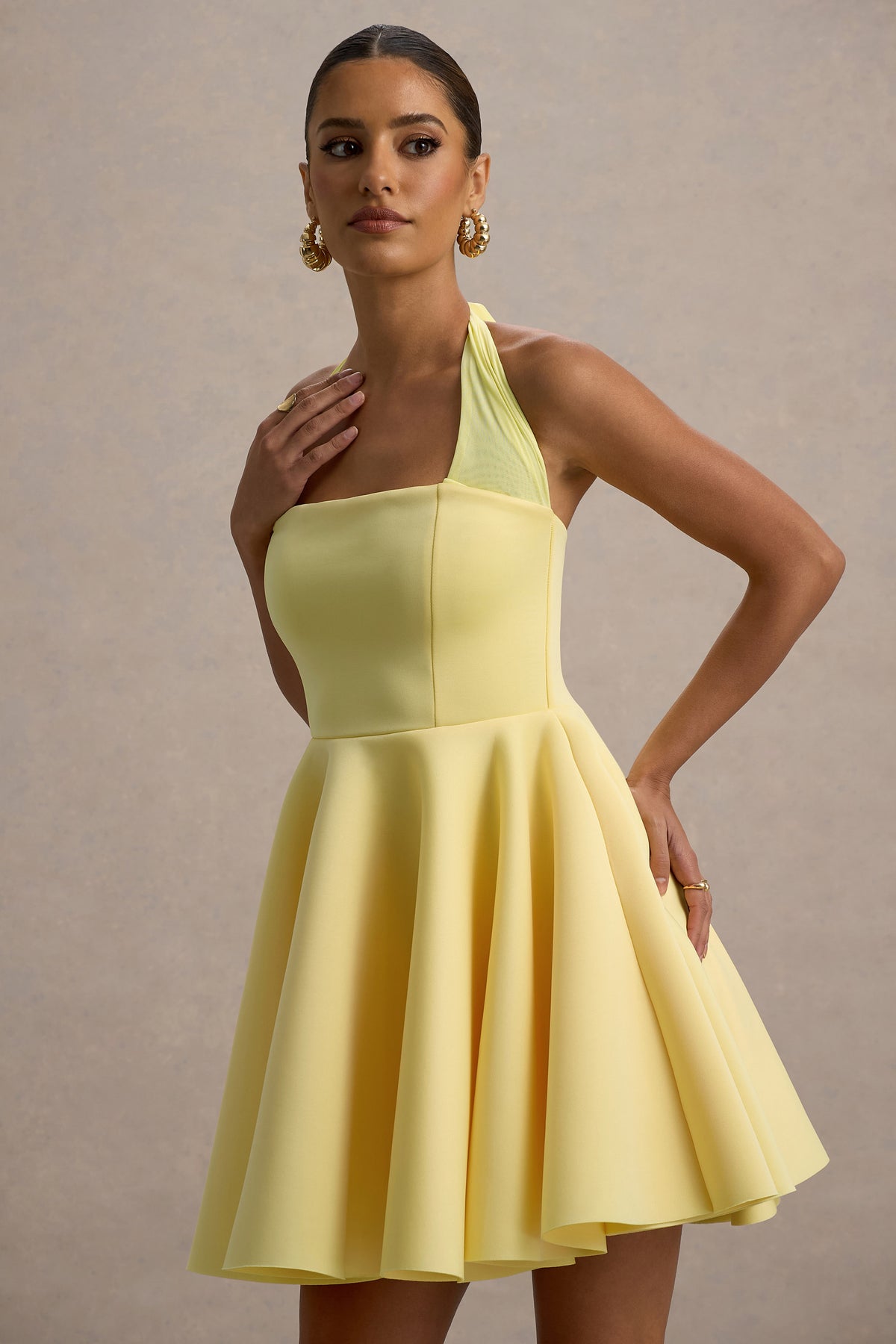 Lemon Halter-Neck Skater Mini Dress - View 4 | Shop Formal Dress