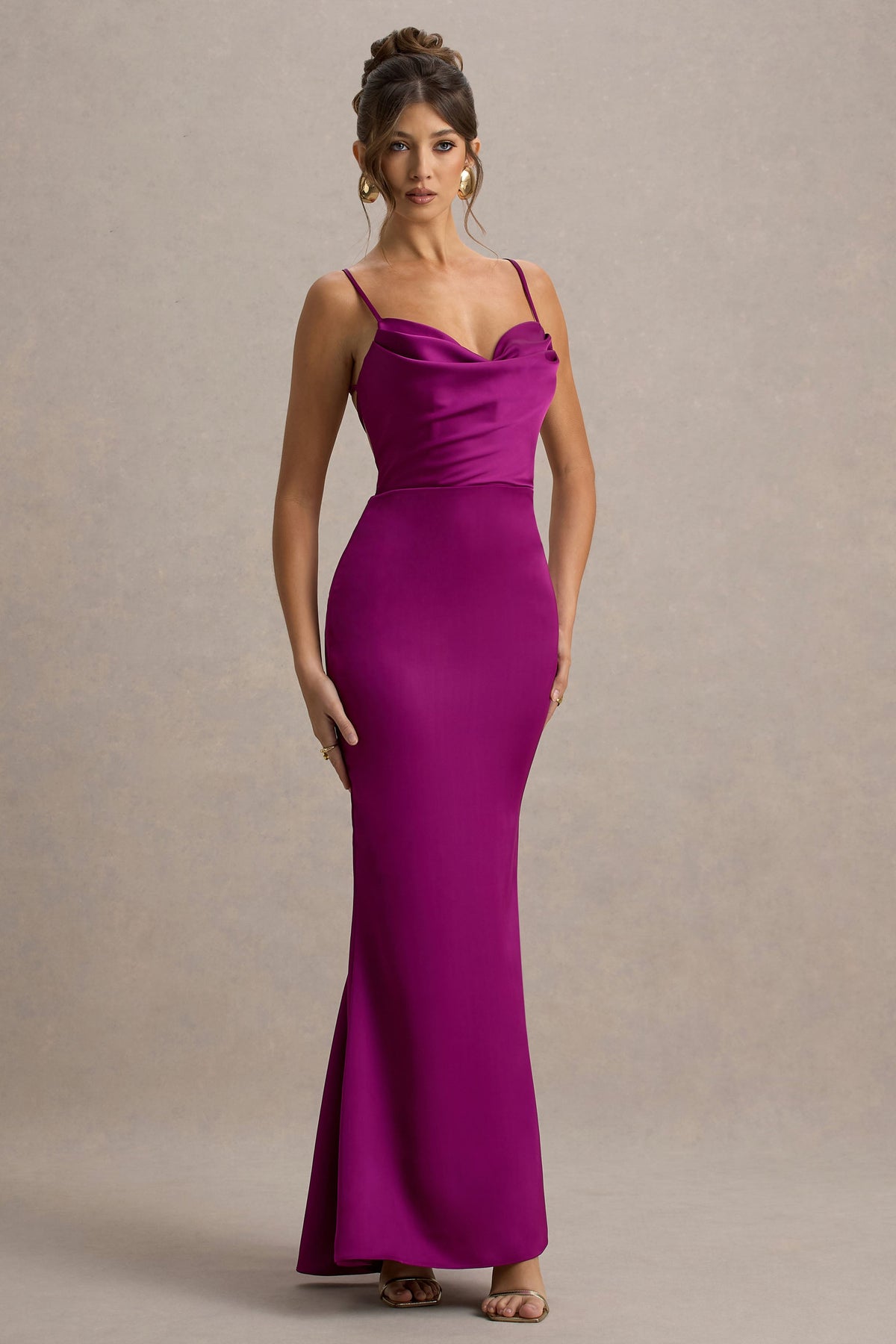 Dark Pink Satin Cowl-Neck Maxi Dress - View 5 | Shop Formal Dress