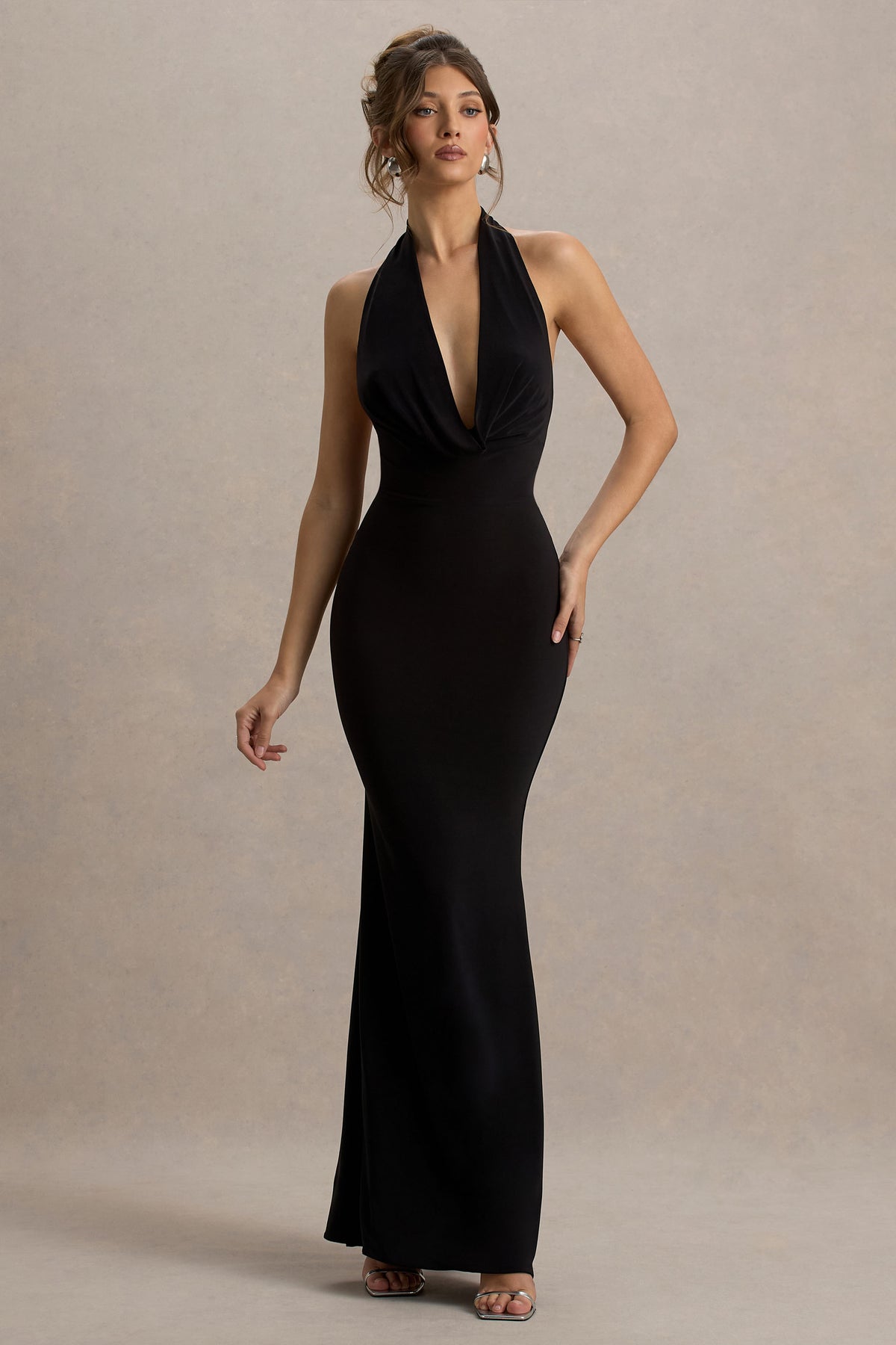Black Backless Cowl Neck Fishtail Maxi Dress - View 5 | Shop Formal Dress