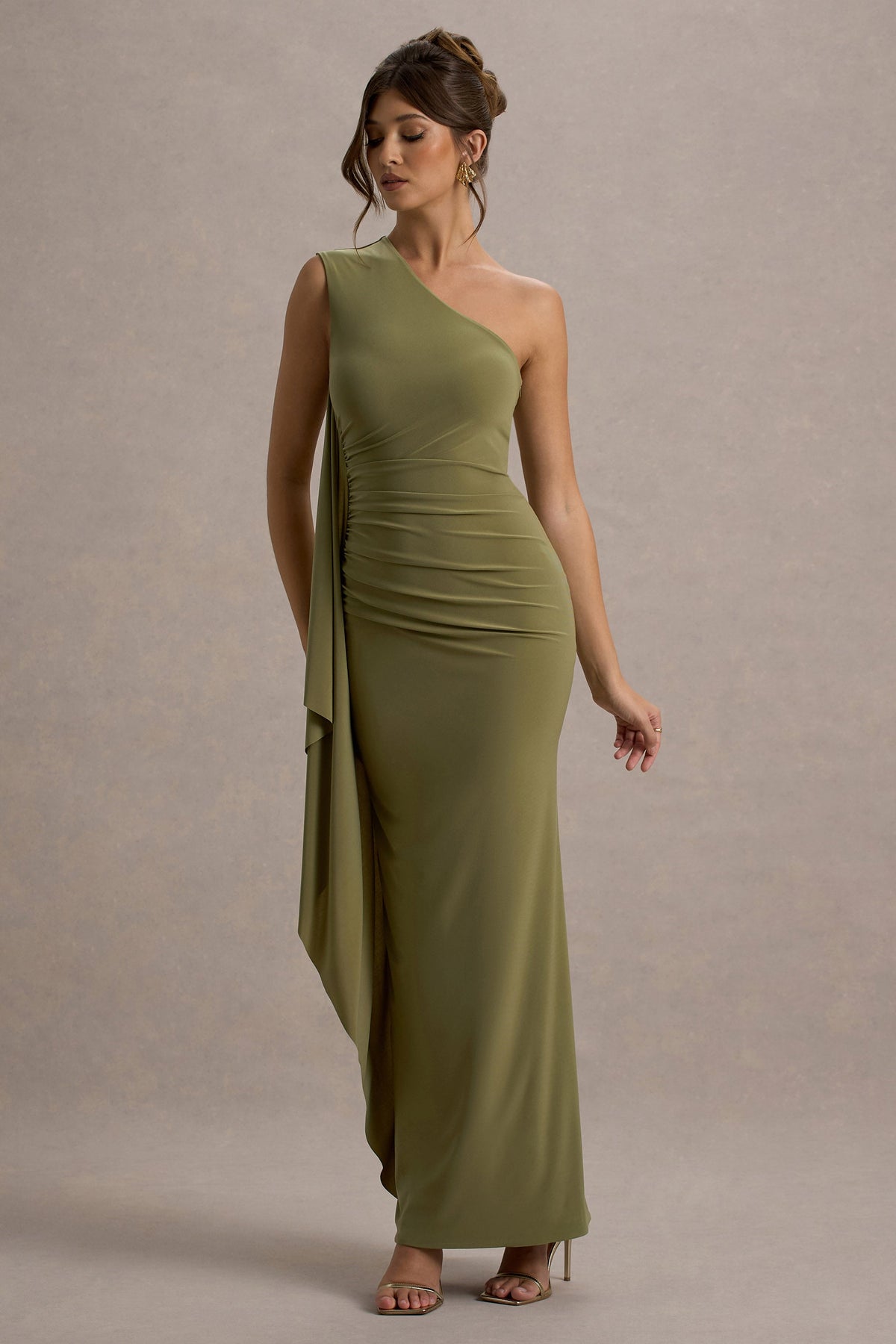 Olive One-Shoulder Maxi Dress With Drape - View 6 | Shop Formal Dress