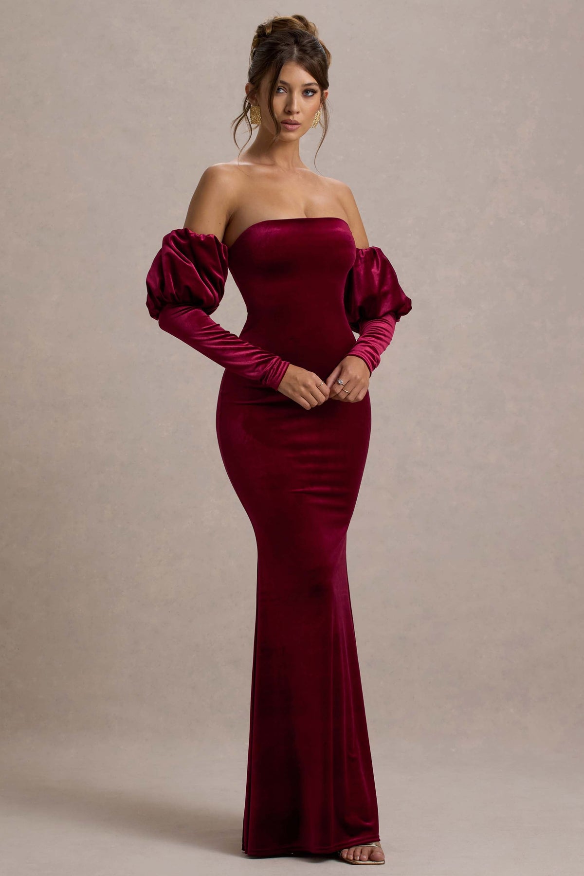 Berry Velvet Bardot Puff-Sleeve Maxi Dress - View 5 | Shop Formal Dress