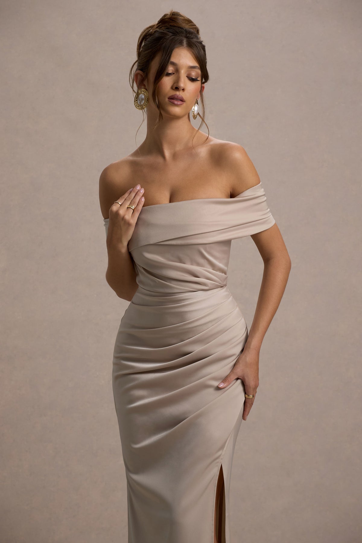 Champagne Satin Bardot Wrap Maxi Dress - View 4 | Shop Formal Dress