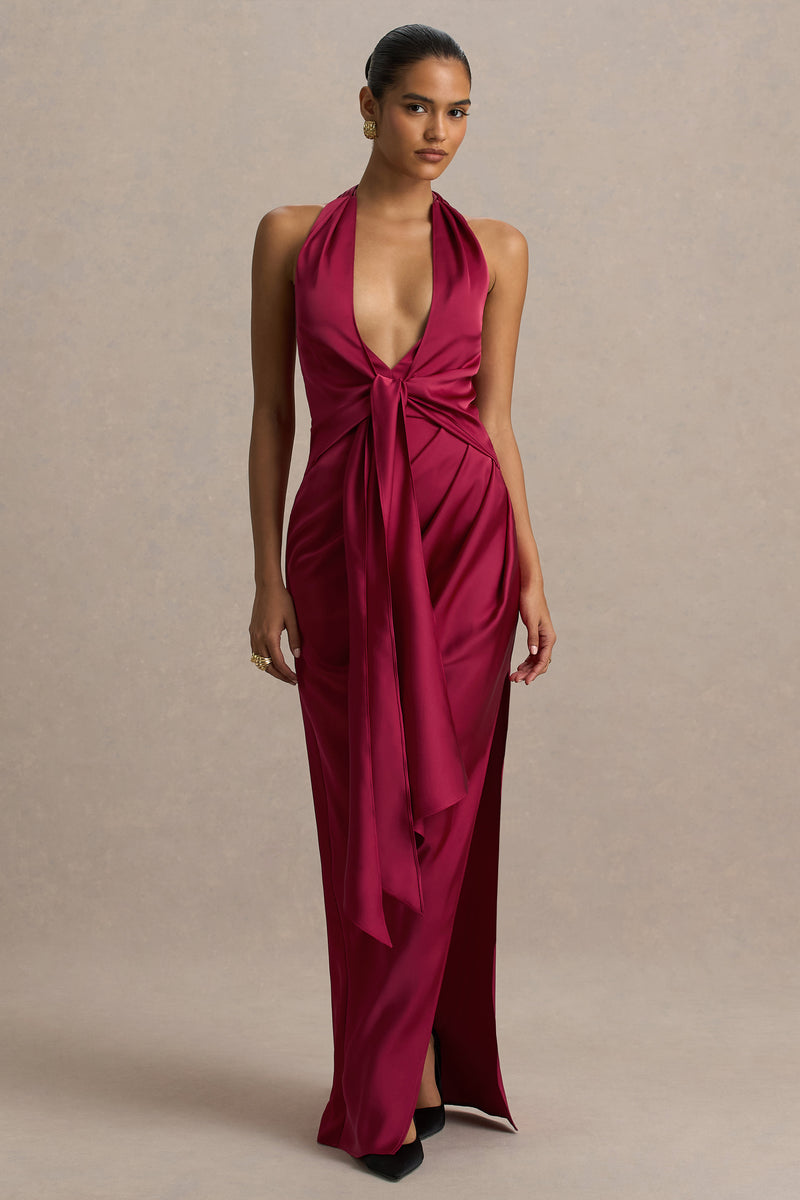 Lynette Burgundy Satin Plunge-Neck Maxi Dress With Asymmetric Hem