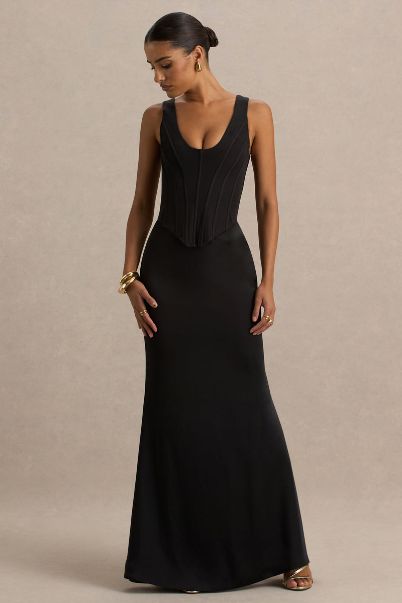Morgan Black Satin Corset Maxi Dress – Club L London