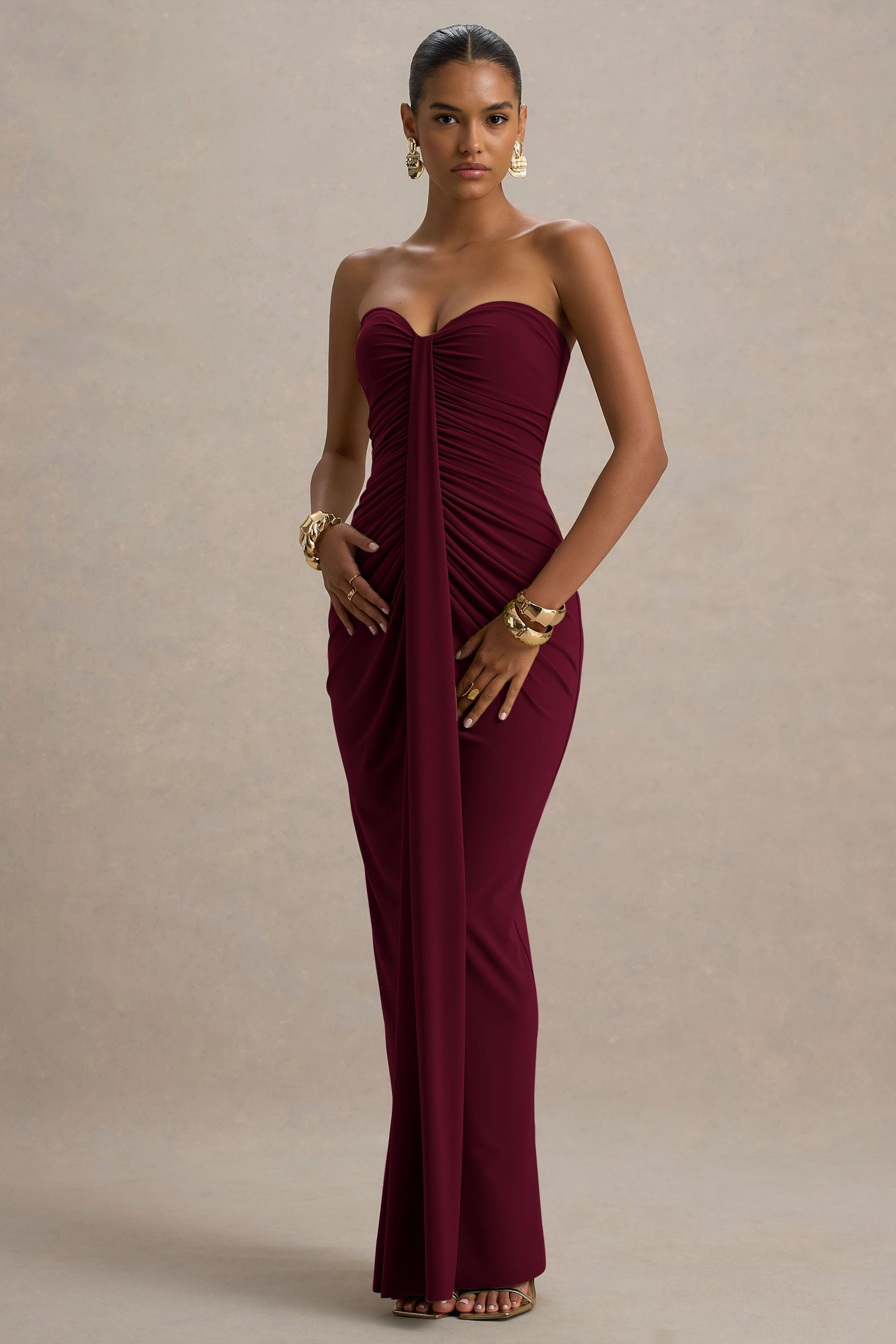 Ali | Burgundy Sweetheart Ruched Wrap Maxi Dress – Club L London
