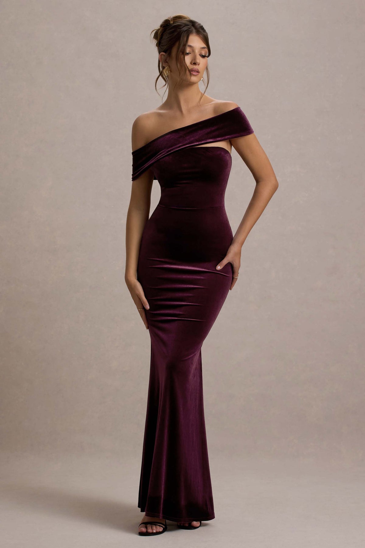 Port Velvet Asymmetric Bardot Maxi Dress - View 5 | Shop Formal Dress