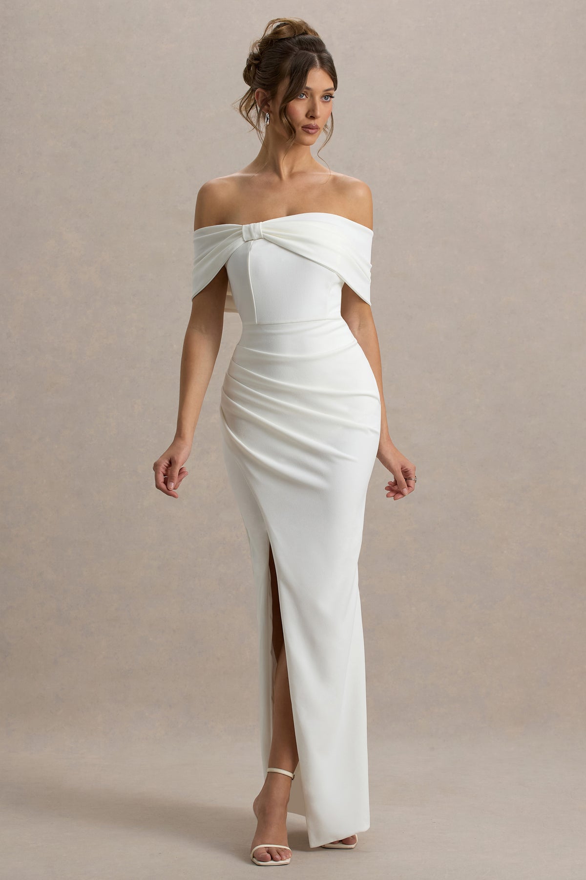Collective Dress - White Bardot Bow Detail Maxi Dress With Thigh Split image 5