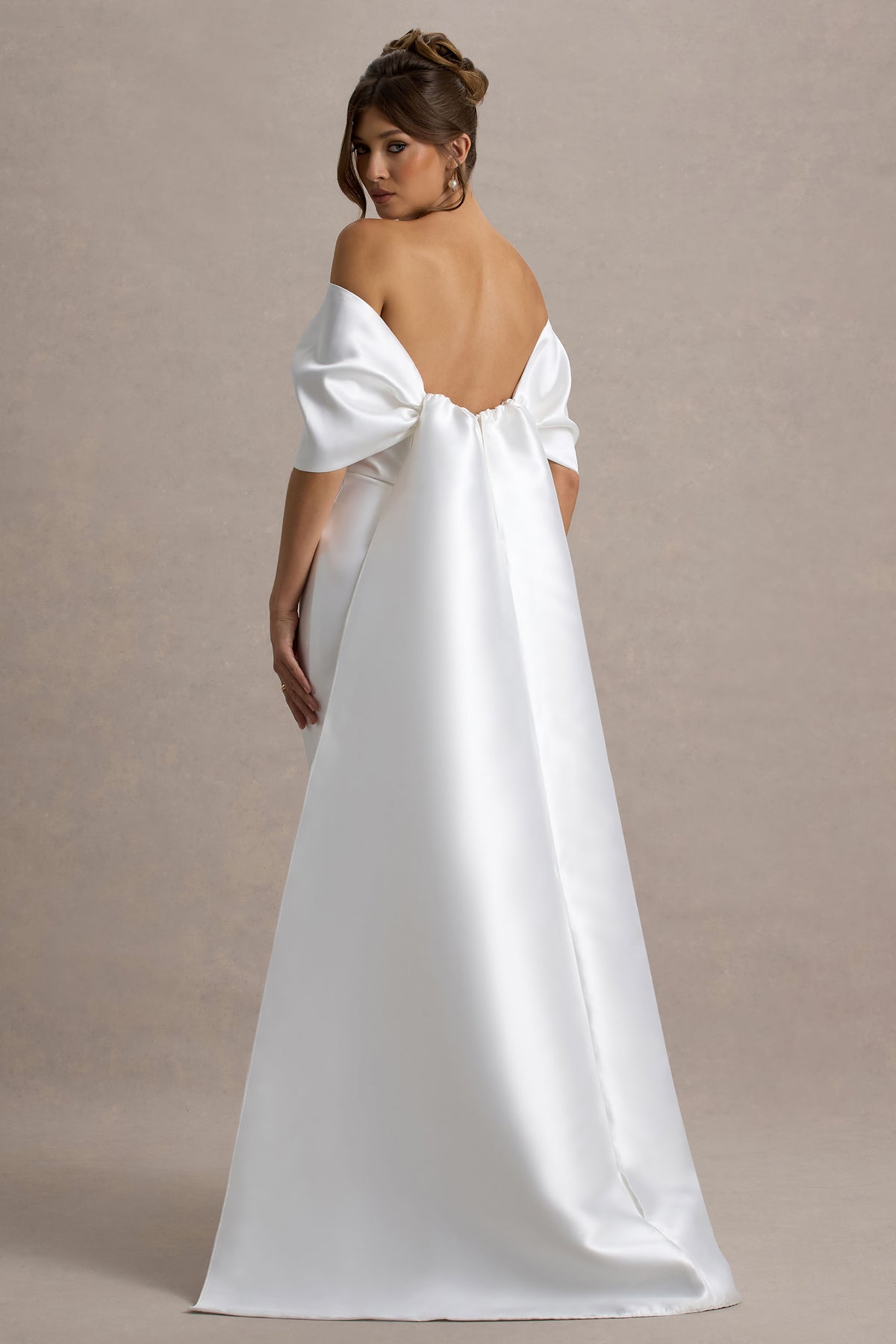 Off White Satin Cape Maxi Dress With Oversized Bow - View 3 | Shop Formal Dress