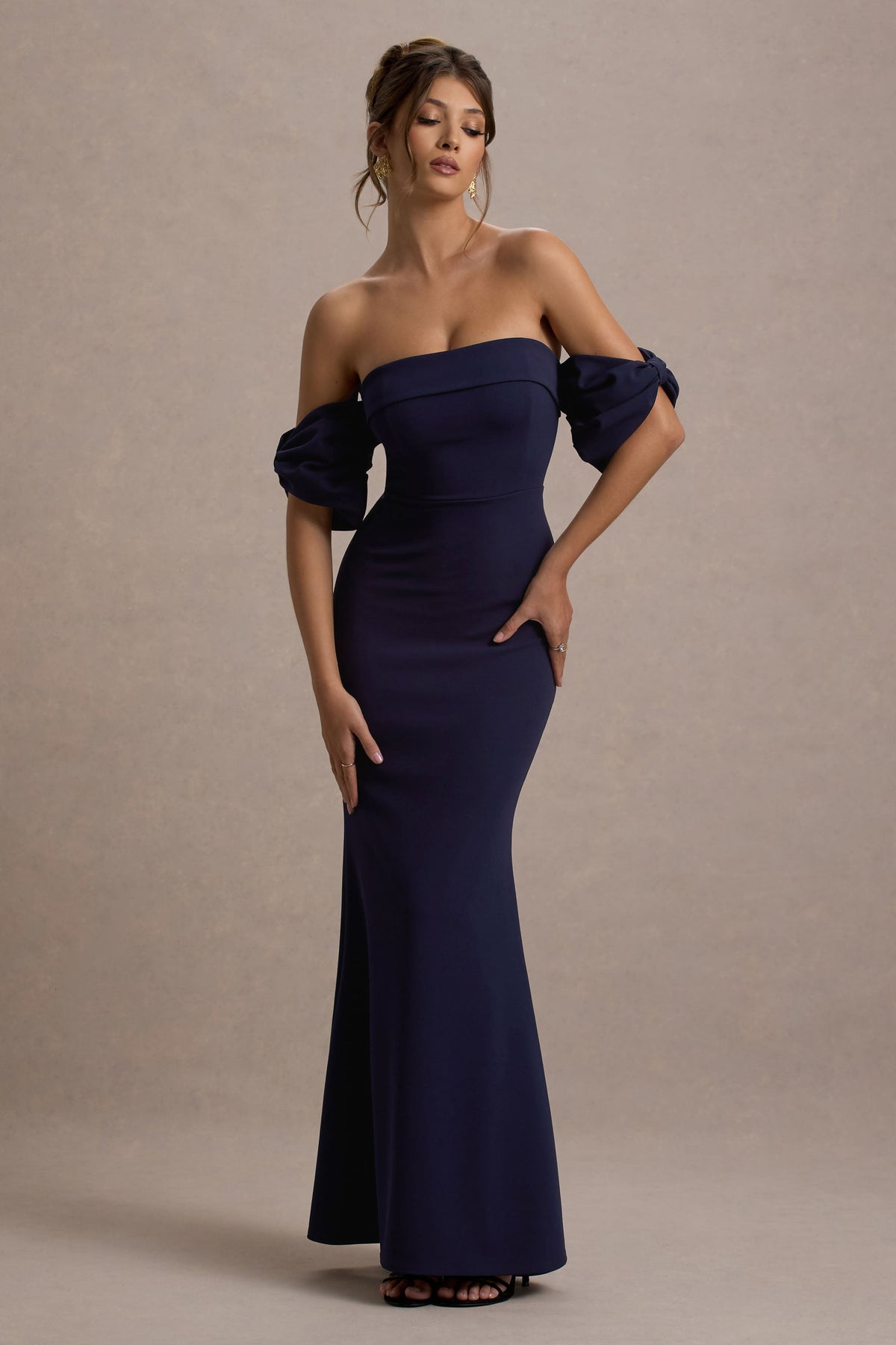 Navy Bardot Maxi Dress With Bow Sleeves - View 2 | Shop Formal Dress