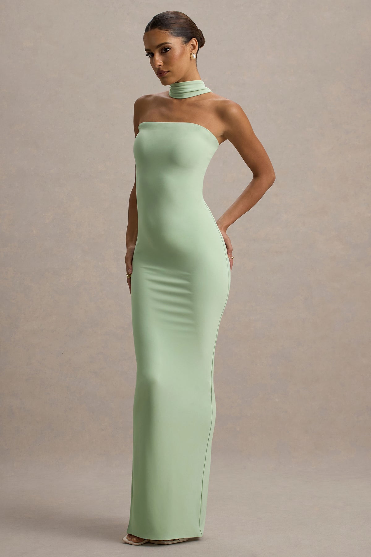 Light Green Bandeau Maxi Dress With Halter-Collar - View 5 | Shop Formal Dress