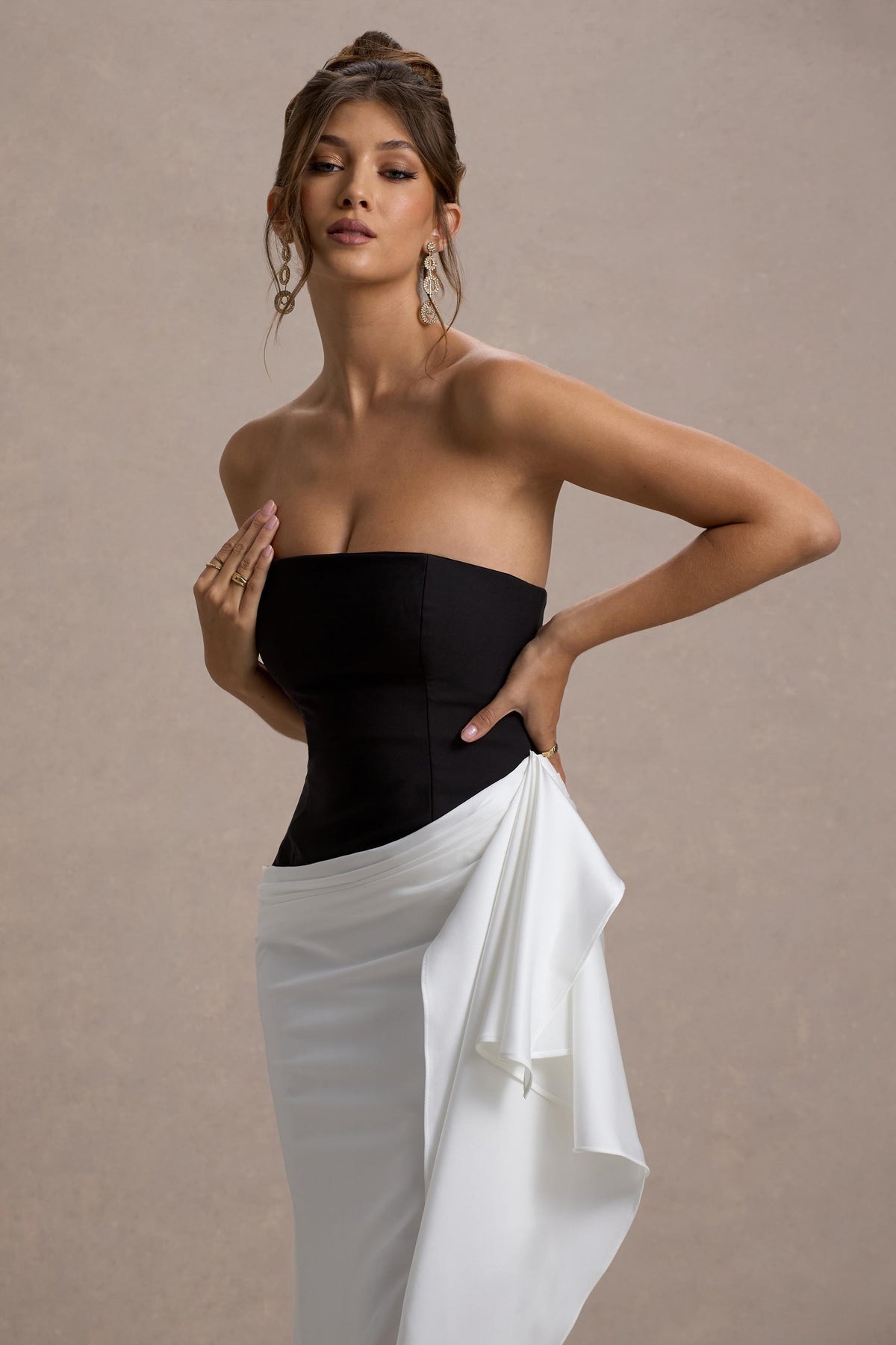 Collective Dress - Black And White Strapless Maxi Dress With Draped Skirt image 4
