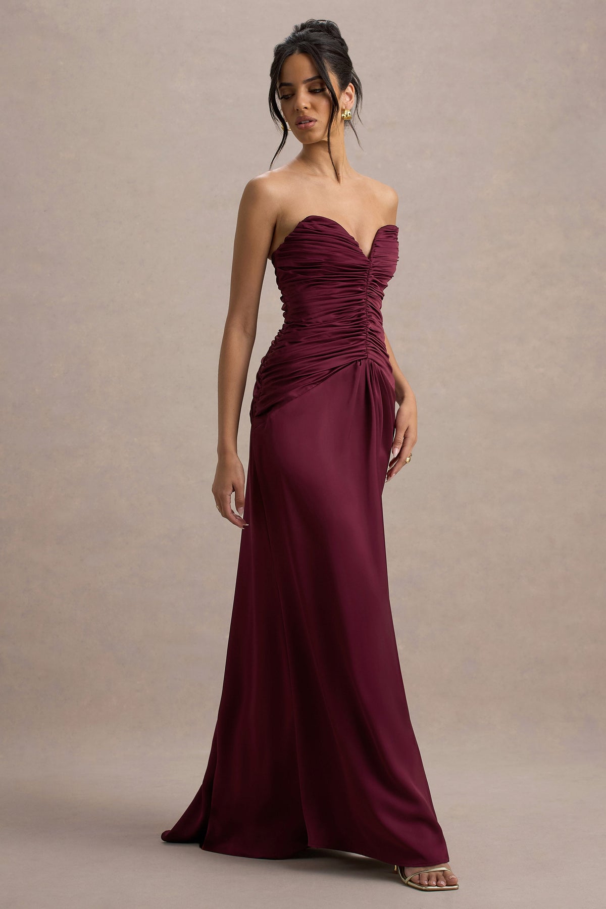 Collective Dress - Burgundy Satin Sweetheart Gathered Maxi Dress image 6