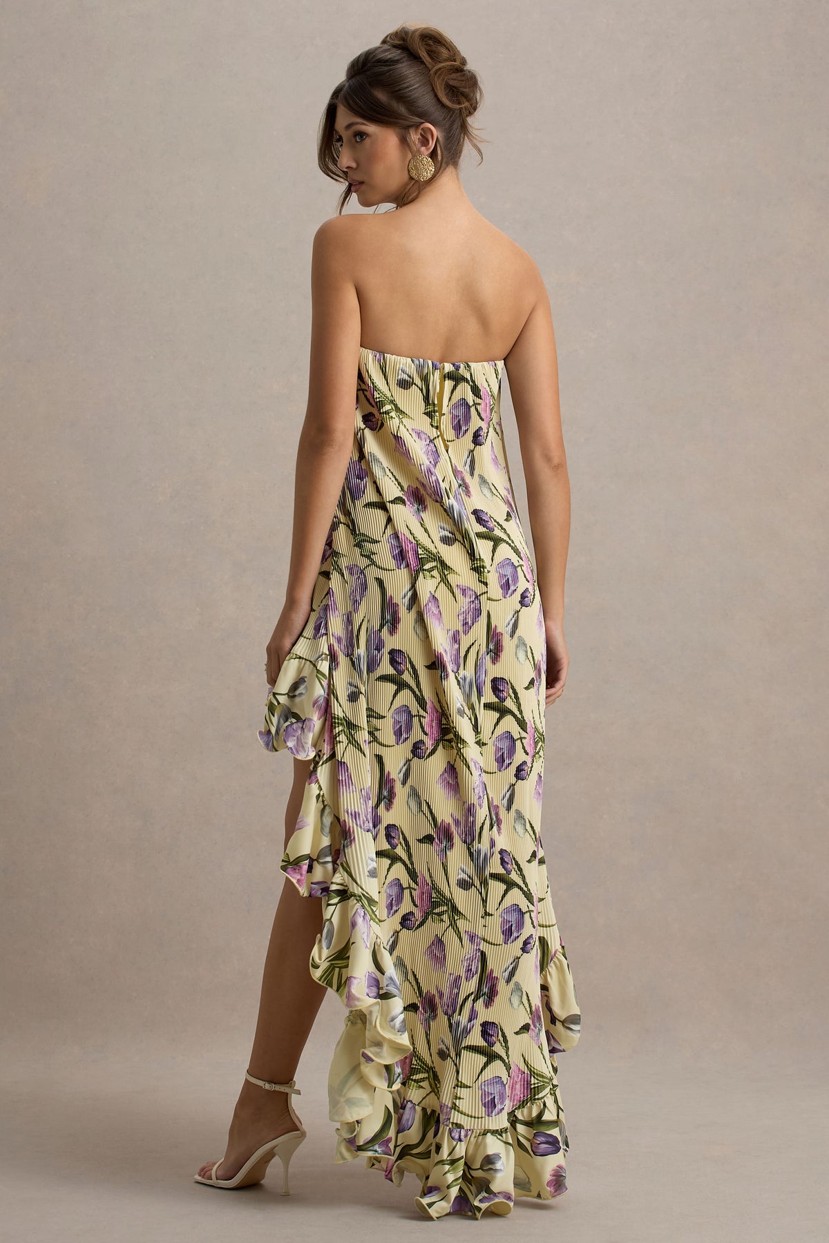 Tulip Floral Print Chiffon Bandeau High-Low Ruffled Maxi Dress - View 3 | Shop Formal Dress