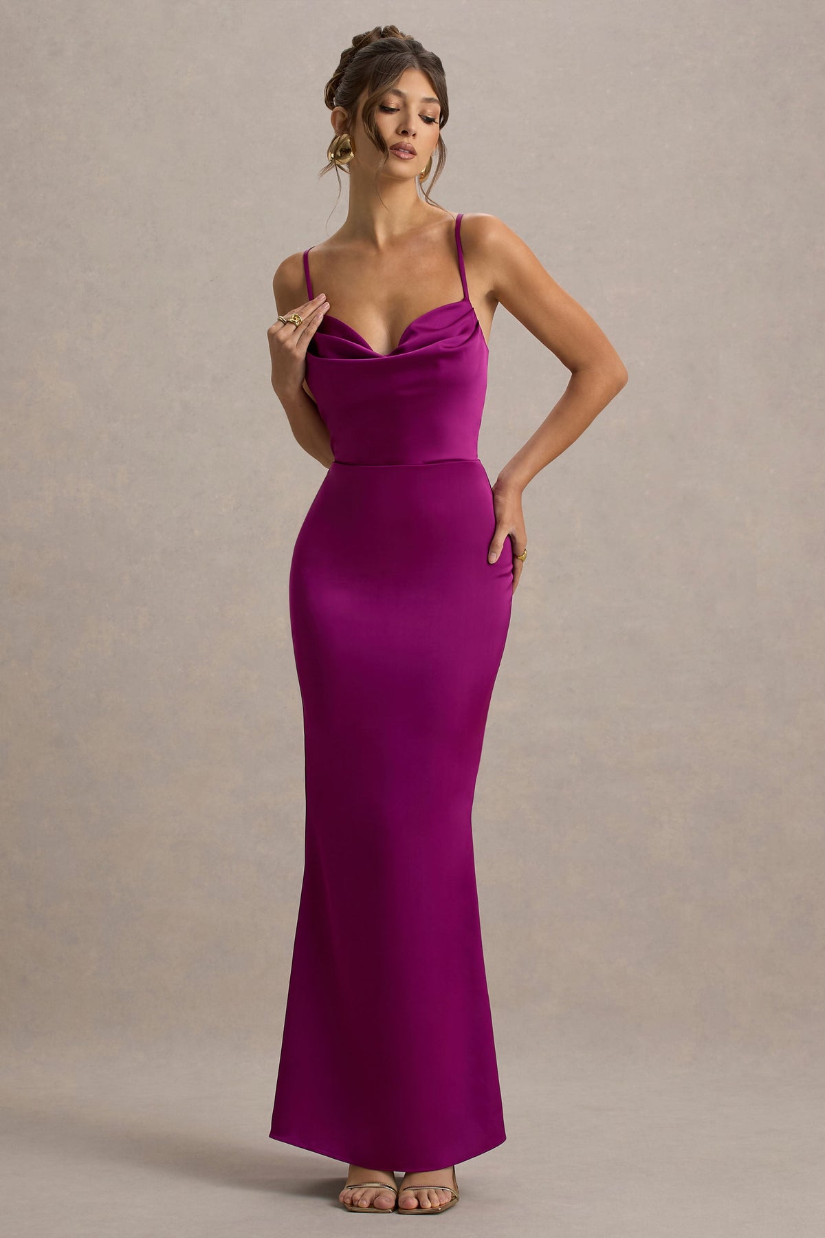 Dark Pink Satin Cowl-Neck Maxi Dress - View 6 | Shop Formal Dress