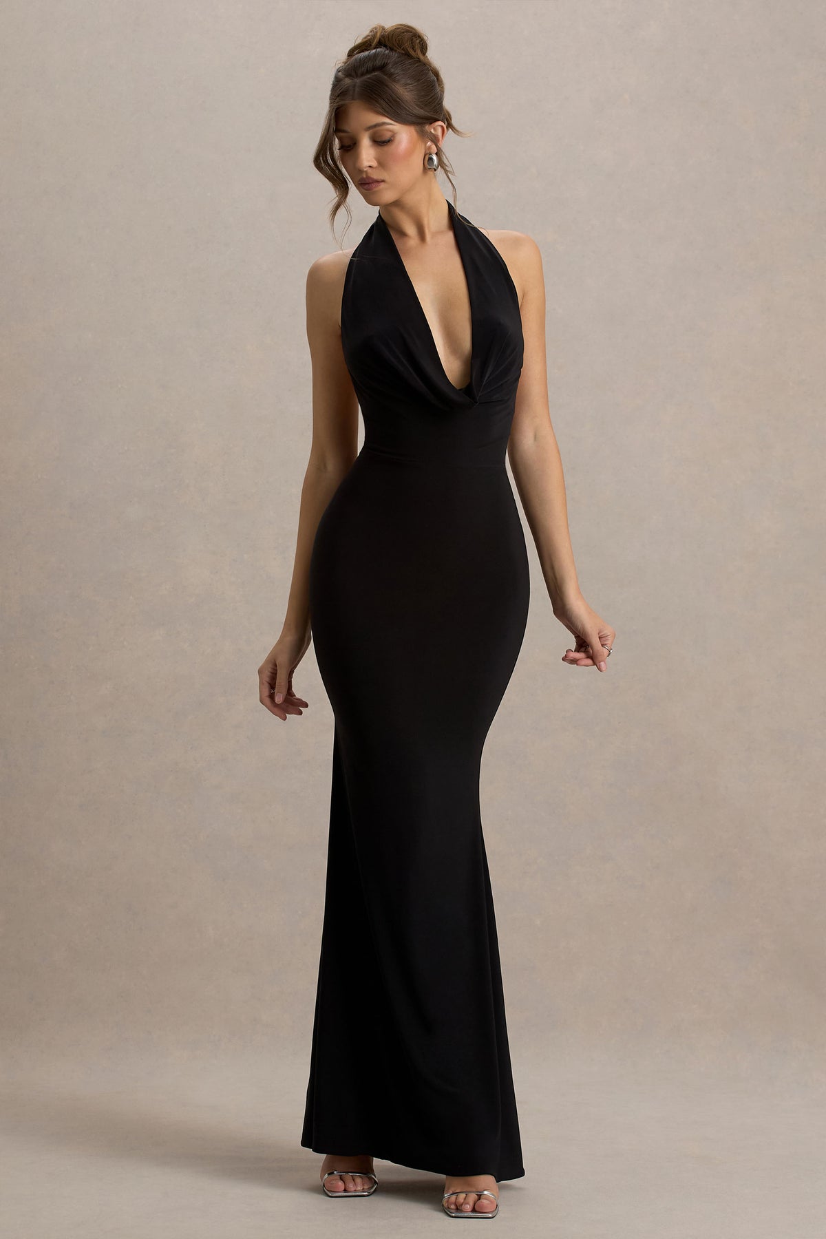 Black Backless Cowl Neck Fishtail Maxi Dress - View 6 | Shop Formal Dress