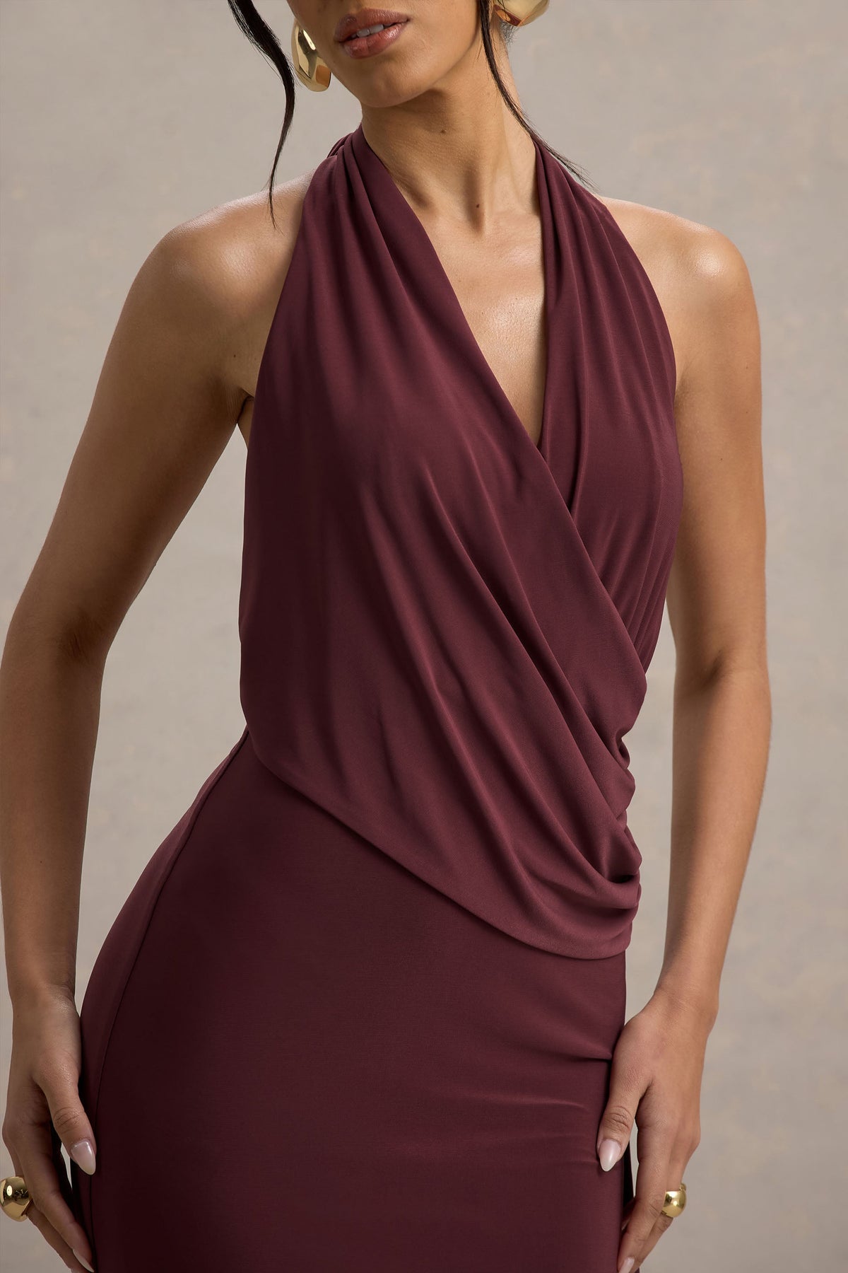 Burgundy Halter-Neck Draped Maxi Dress With Sash - View 6 | Shop Formal Dress