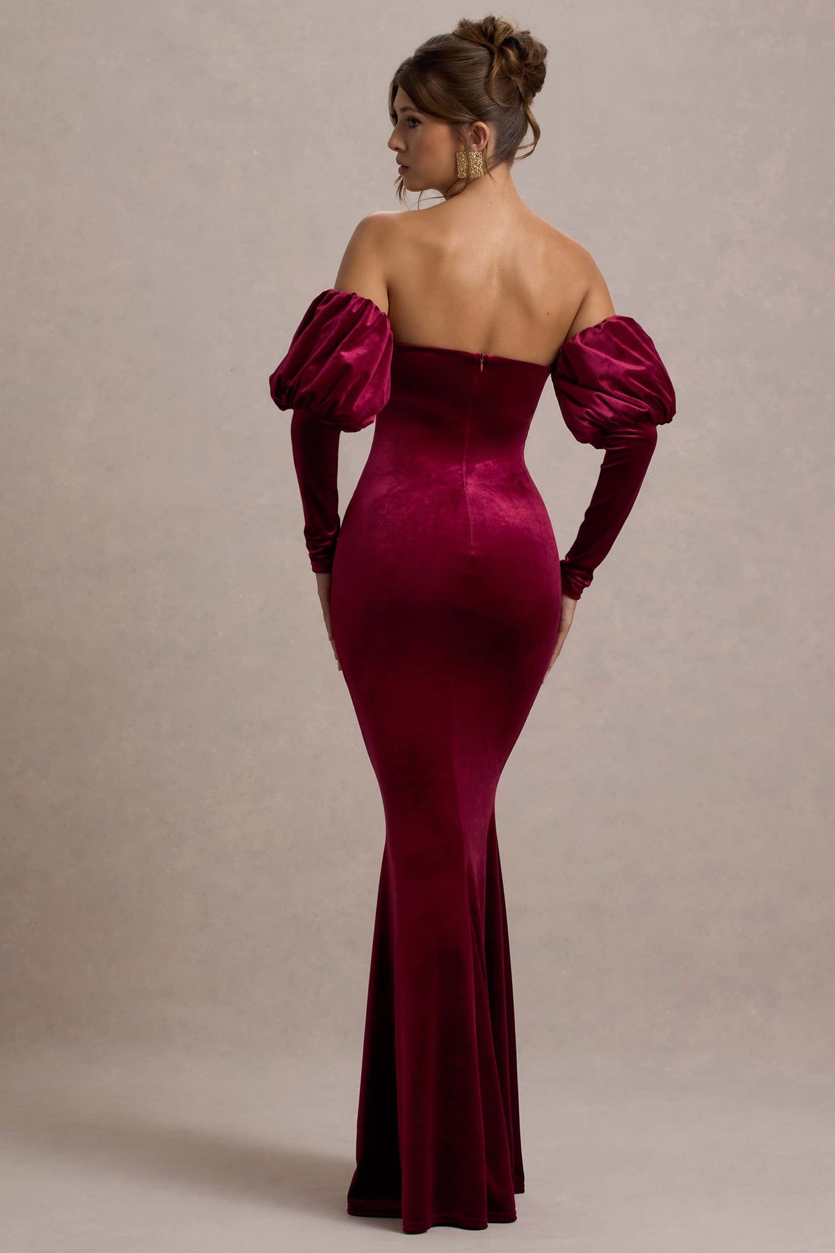 Berry Velvet Bardot Puff-Sleeve Maxi Dress - View 3 | Shop Formal Dress