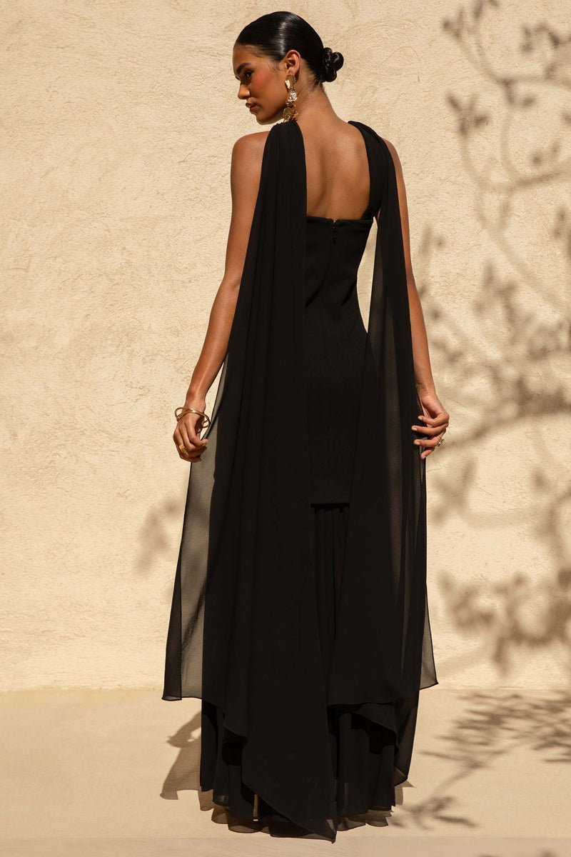 Kylie Black High-Neck Maxi Dress With Chiffon Skirt – Club L London