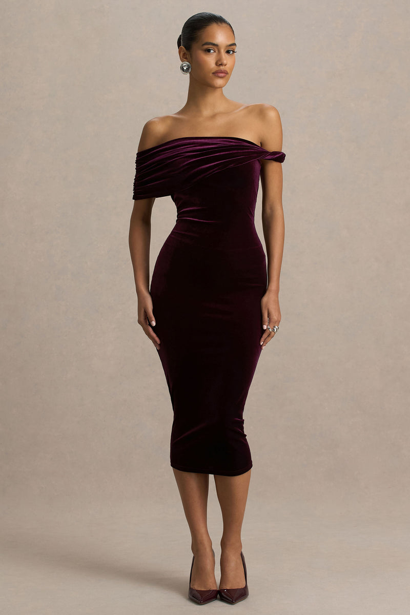 Billie Burgundy Velvet Bardot-Neck Midi Dress With Twist-Sleeve – Club