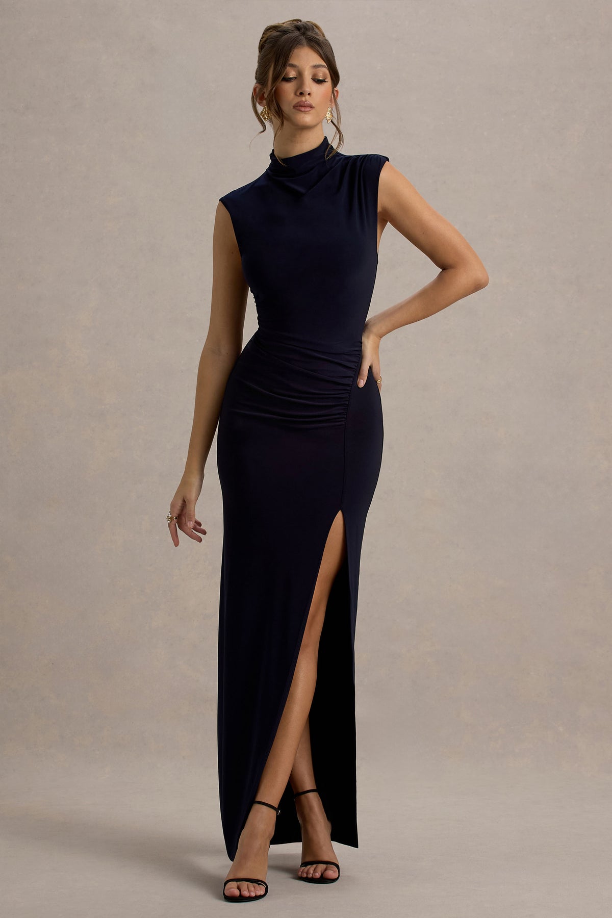 Navy Ruched High-Neck Maxi Dress With Split - View 6 | Shop Formal Dress