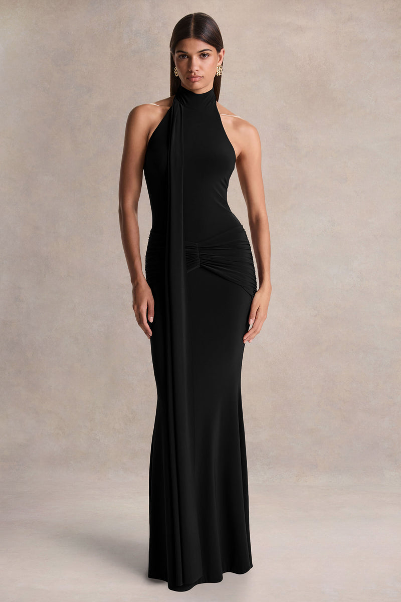Hyla Black High-Neck Maxi Dress With Sash-Detail – Club L London