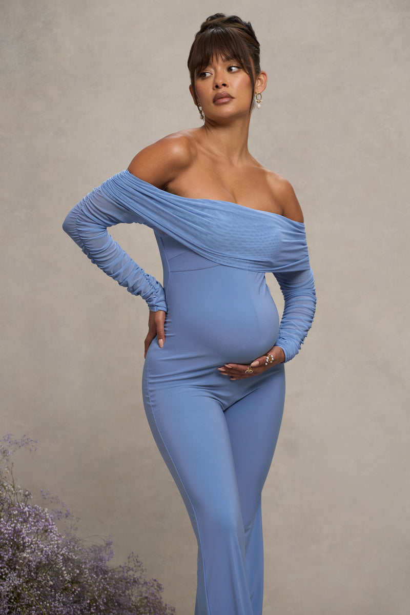 Count Down Powder Blue Maternity Ruched Mesh Bardot Jumpsuit