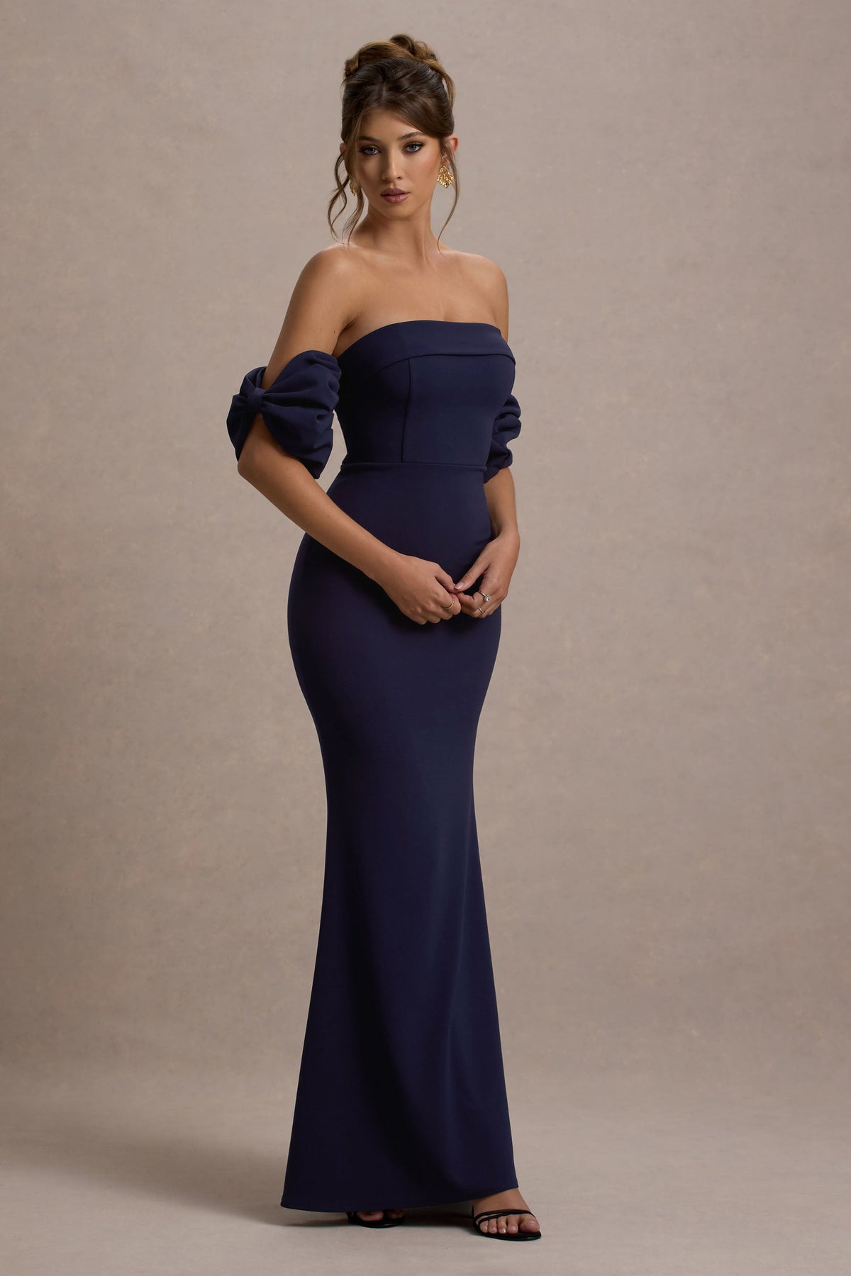 Navy Bardot Maxi Dress With Bow Sleeves - View 6 | Shop Formal Dress