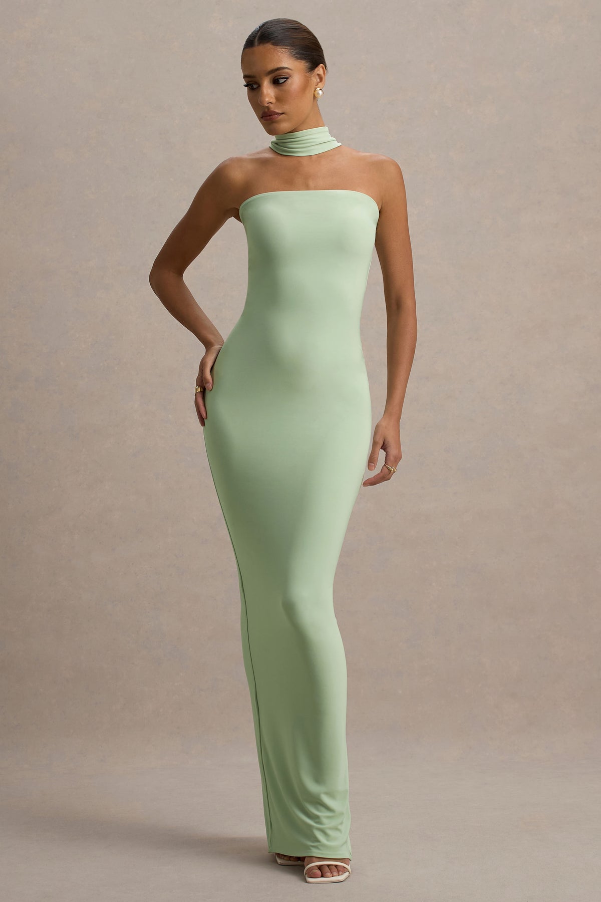 Light Green Bandeau Maxi Dress With Halter-Collar - View 6 | Shop Formal Dress