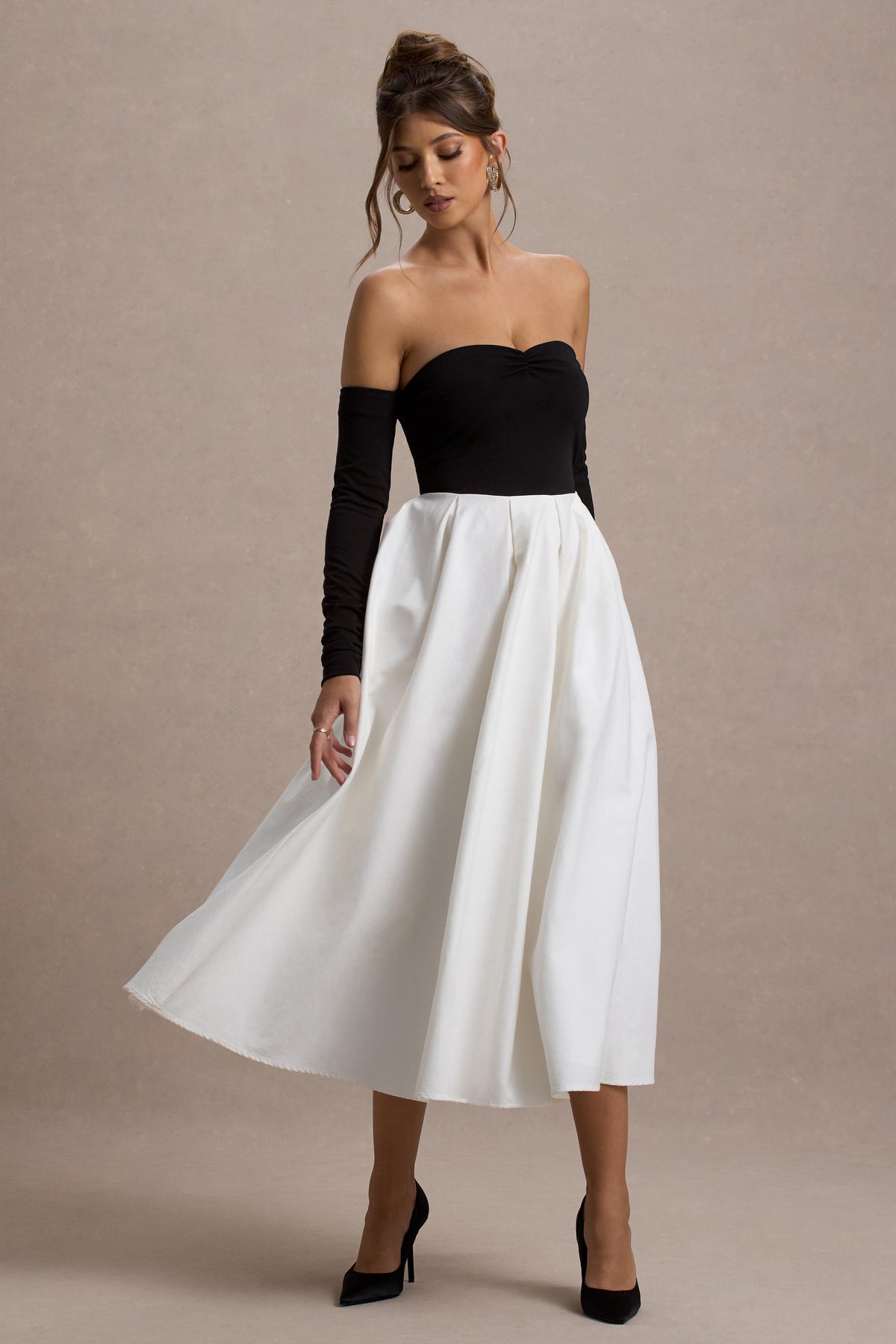 Black & Cream Bardot Pleated Maxi Dress - View 5 | Shop Formal Dress
