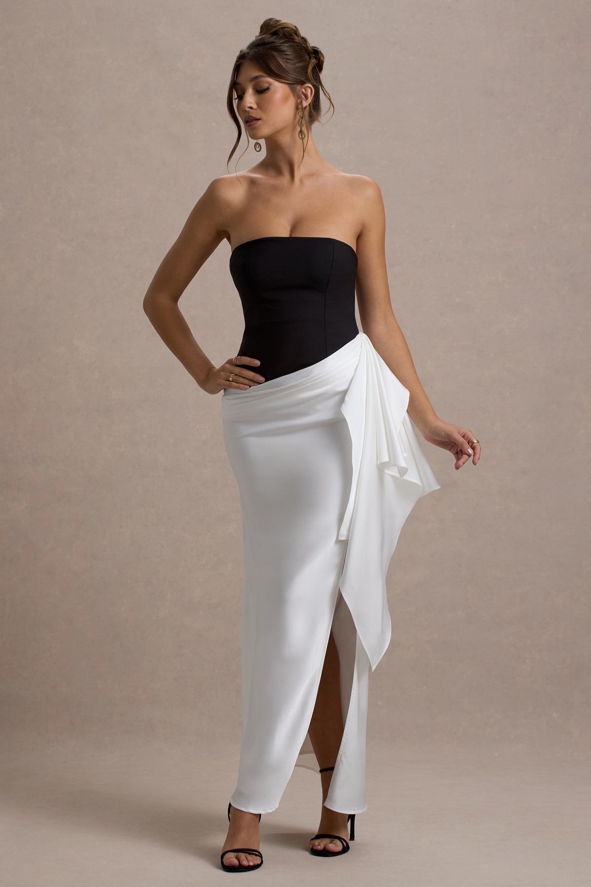 Collective Dress - Black And White Strapless Maxi Dress With Draped Skirt image 5