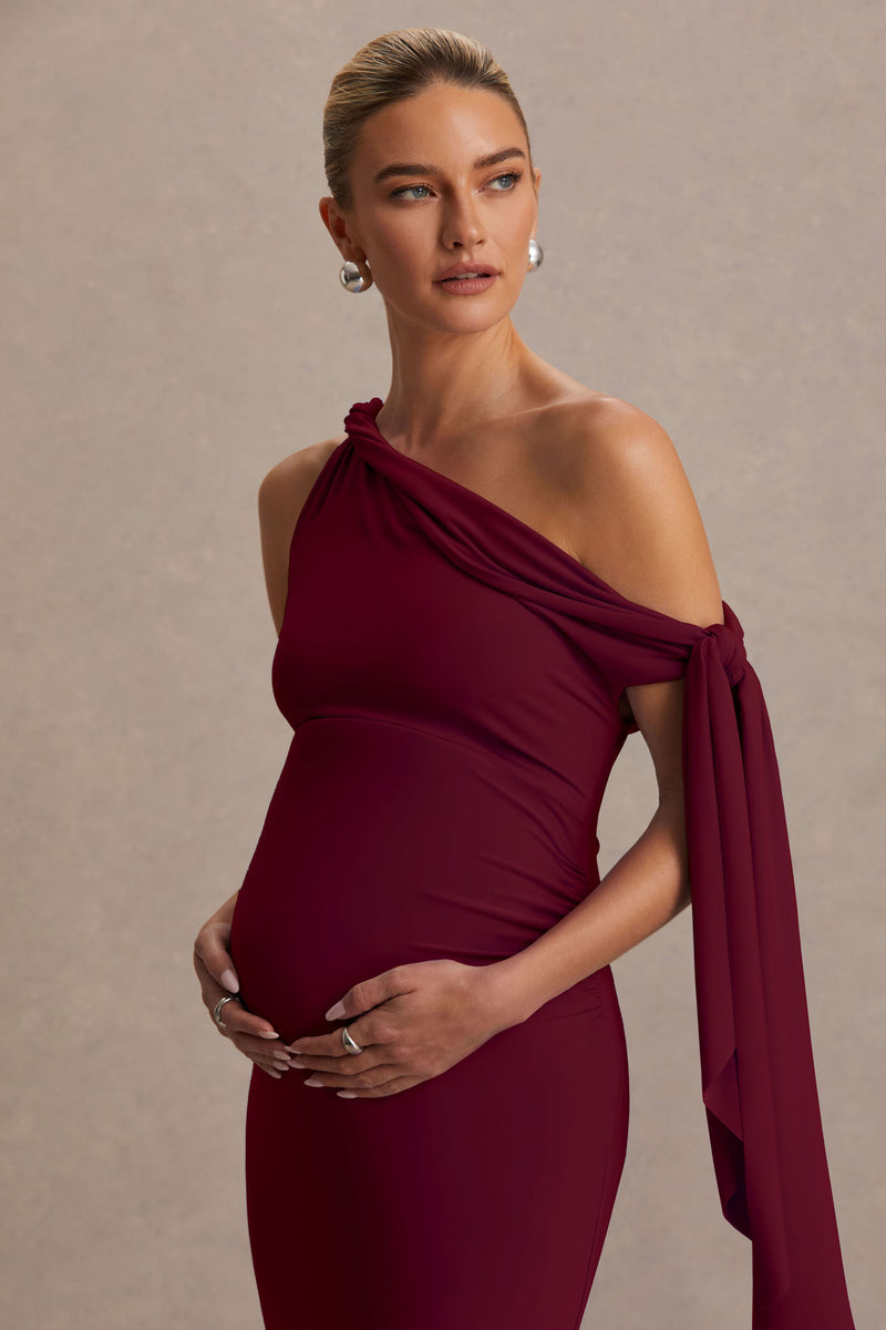 Orielle Burgundy Asymmetric-Neck Maternity Maxi Dress With Knot-Slee