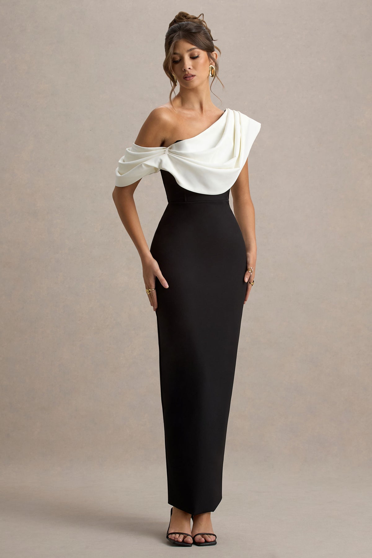 Collective Dress - Black & White Draped Shoulder Maxi Dress image 2