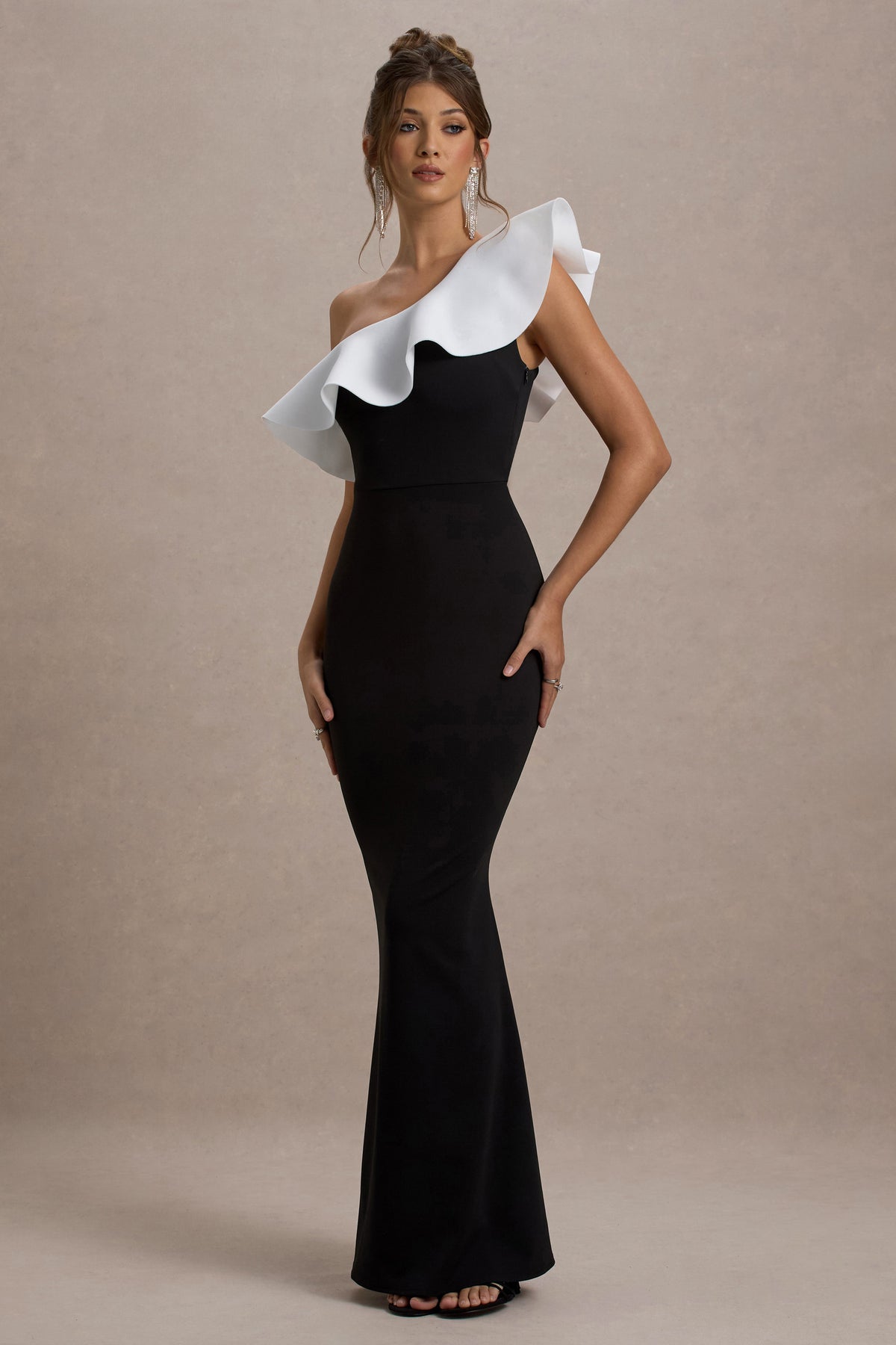 Collective Dress - Black & White Ruffled One-Shoulder Maxi Dress image 5