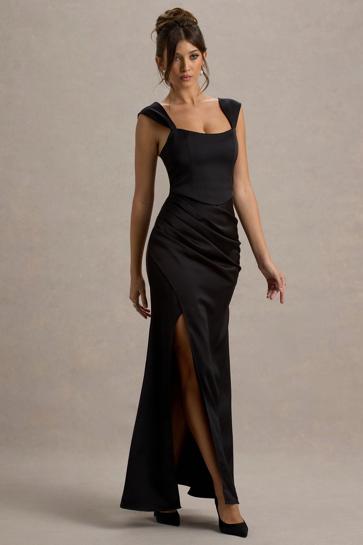 Black Satin Corset Wrap Maxi Dress - View 2 | Shop Formal Dress